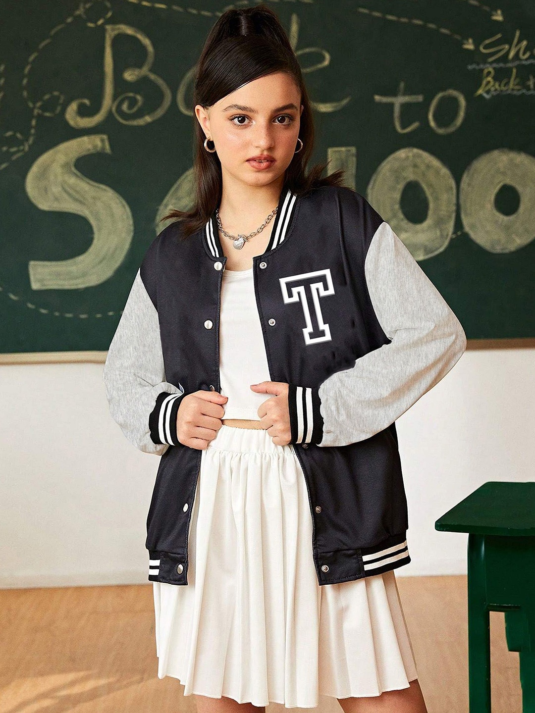 BAESD Girls Typography Fleece Outdoor Varsity Jacket, Black