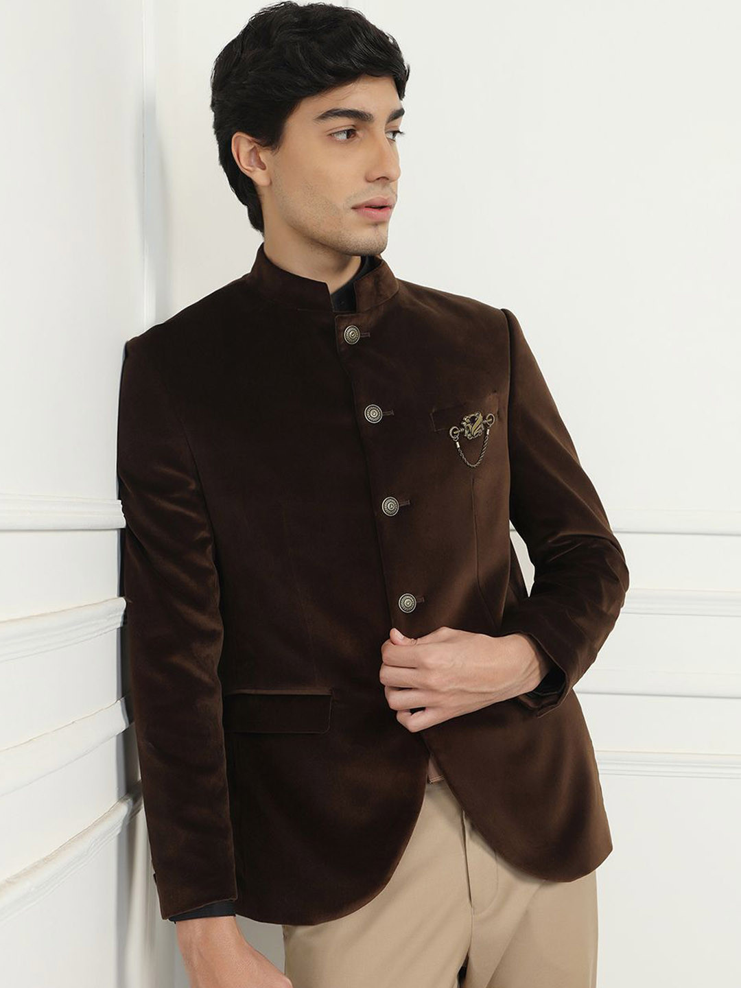 

Blackberrys Cotton Slim-Fit Bandhgala Blazer, Brown