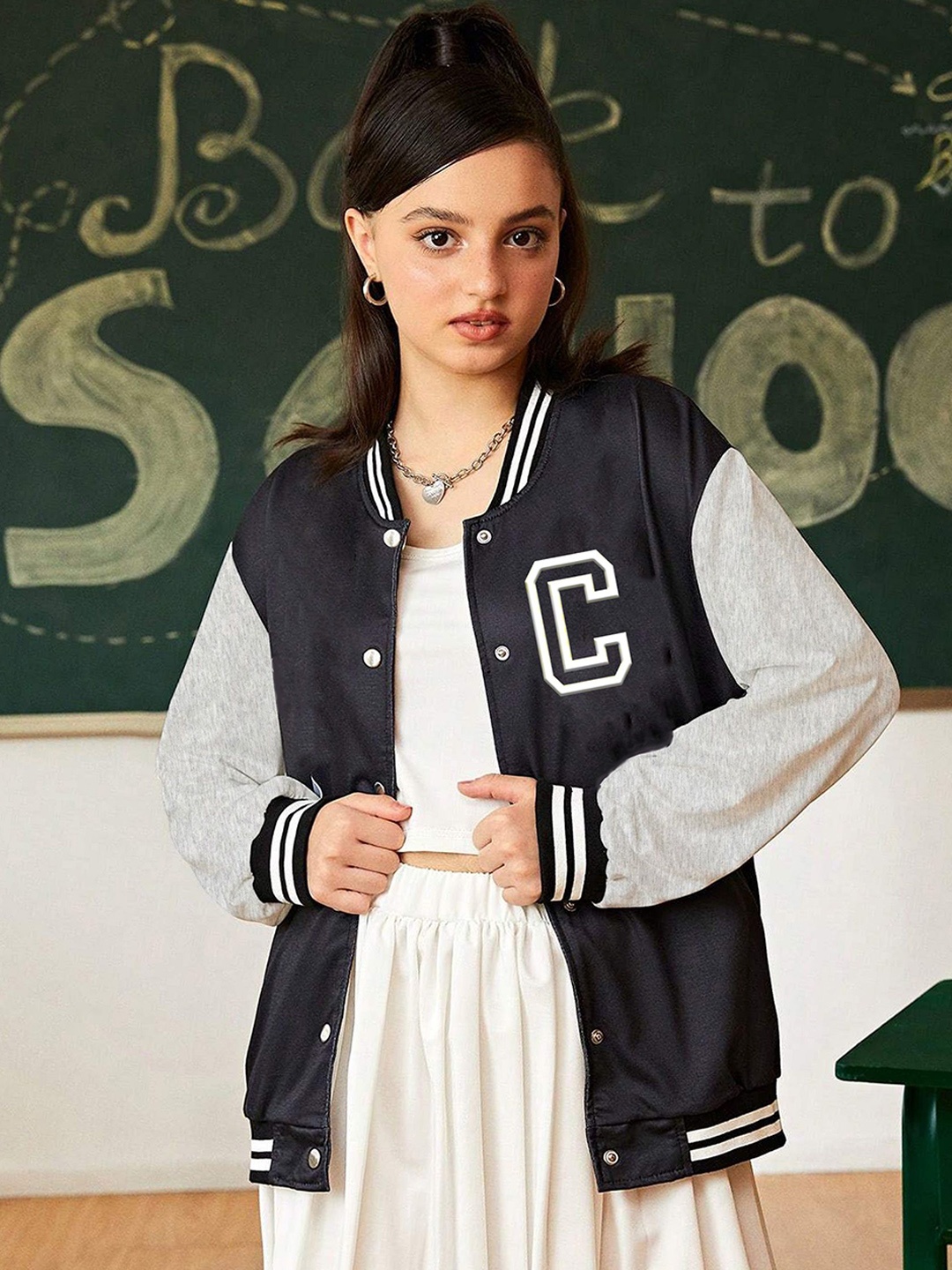 

BAESD Girls Typography Fleece Crop Outdoor Varsity Jacket with Patchwork, Black