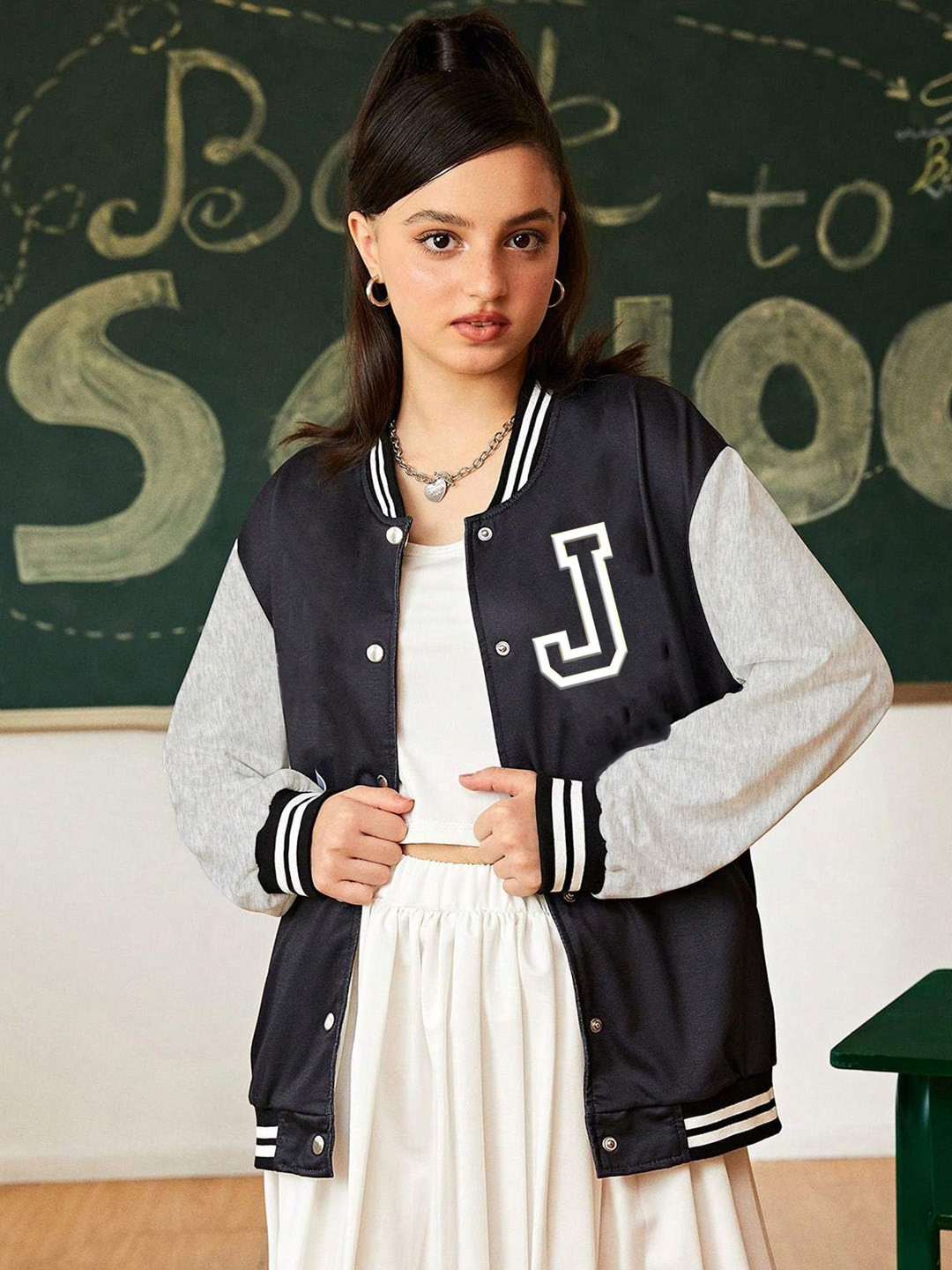

BAESD Girls Typography Fleece Crop Outdoor Varsity Jacket with Patchwork, Black