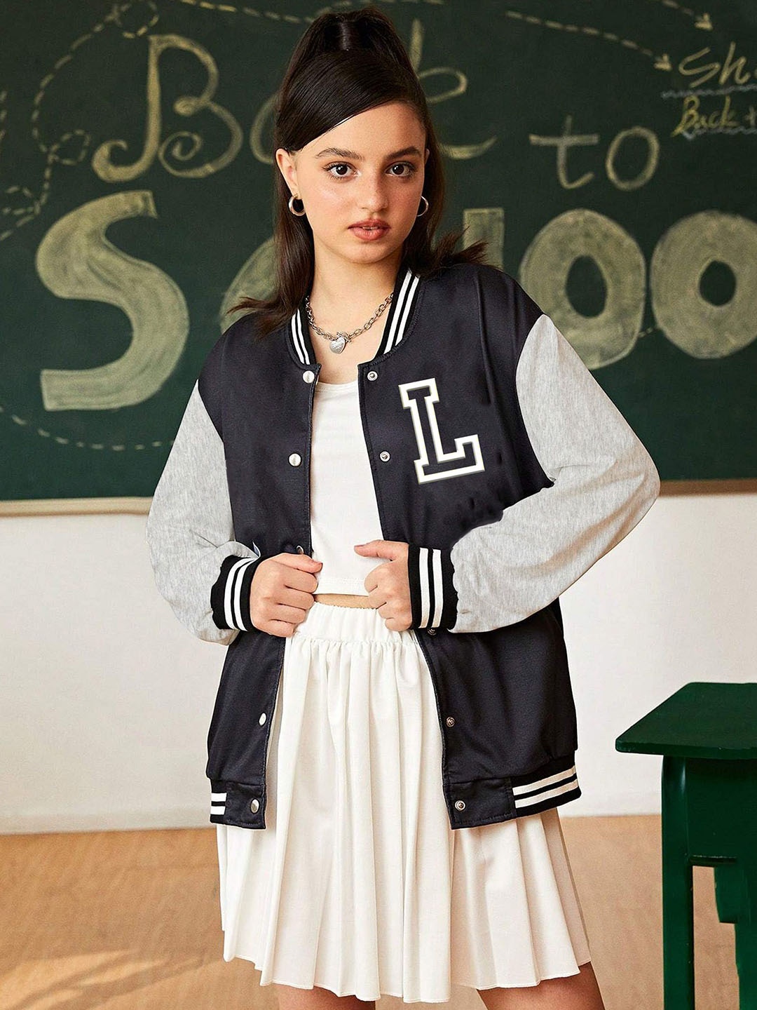 BAESD Girls Typography Fleece Outdoor Varsity Jacket, Black