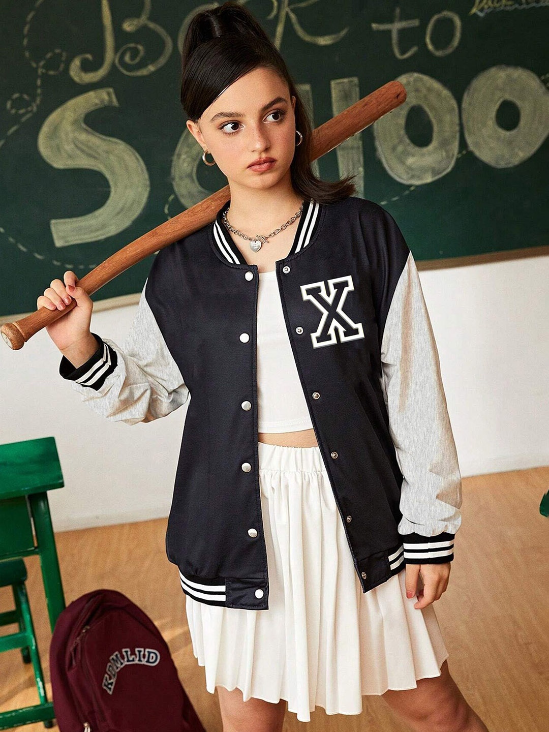 BAESD Girls Typography Fleece Outdoor Varsity Jacket, Black