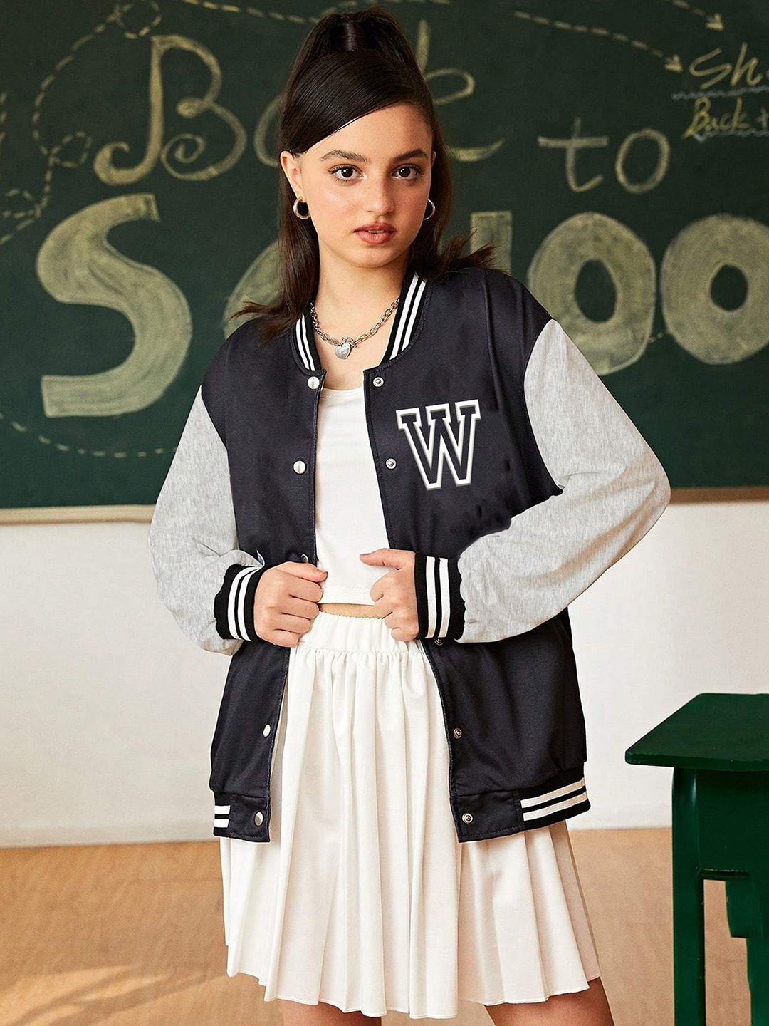 BAESD Girls Typography Fleece Outdoor Varsity Jacket, Black