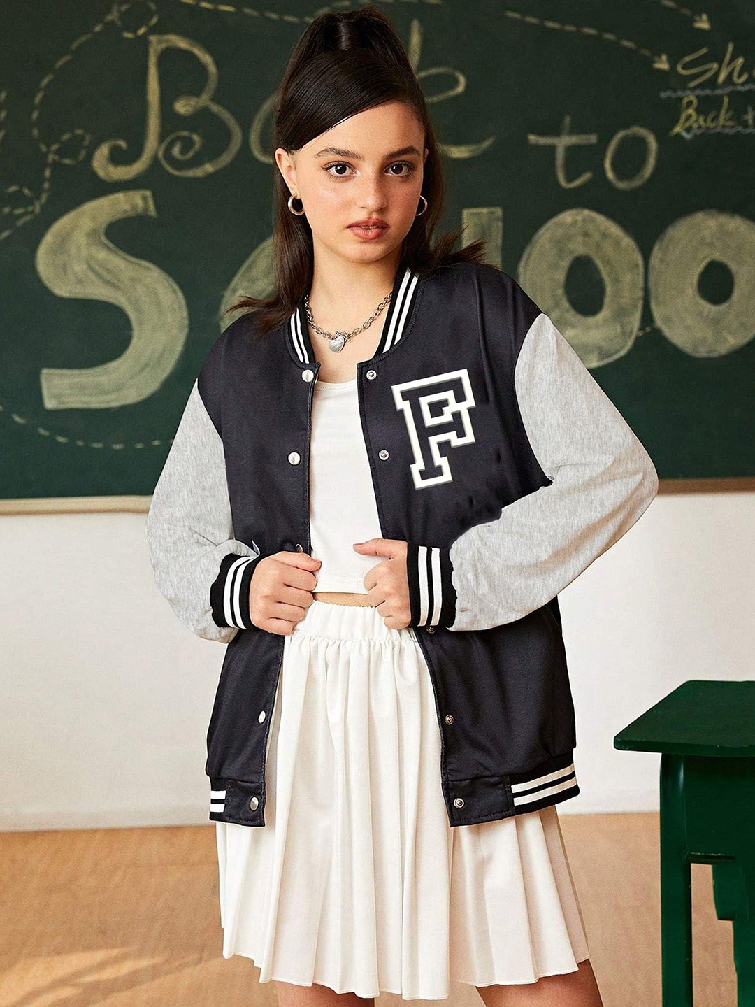 BAESD Girls Typography Fleece Outdoor Varsity Jacket, Black