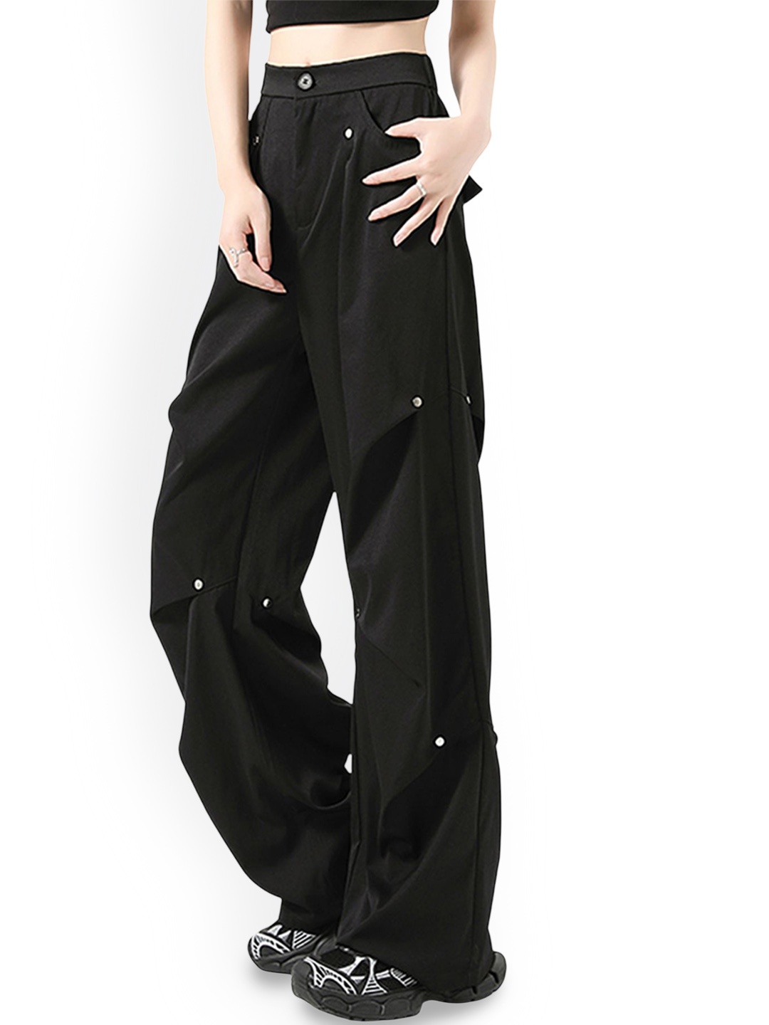 

LULU & SKY Women Loose Fit High-Rise Trousers, Black