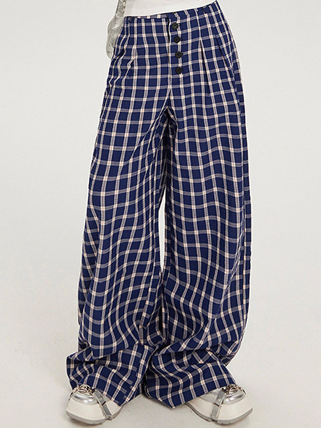 

LULU & SKY Women Checked Loose Fit High-Rise Trousers, Blue