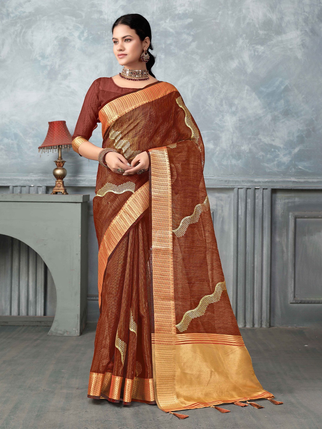 

KIMISHA Zari Tissue Saree, Rust