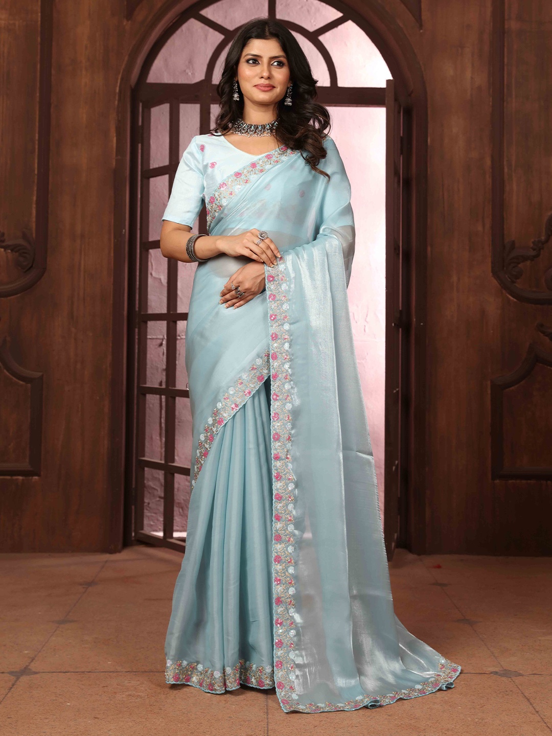 

KIMISHA Floral Embroidered Poly Chiffon Saree, Blue