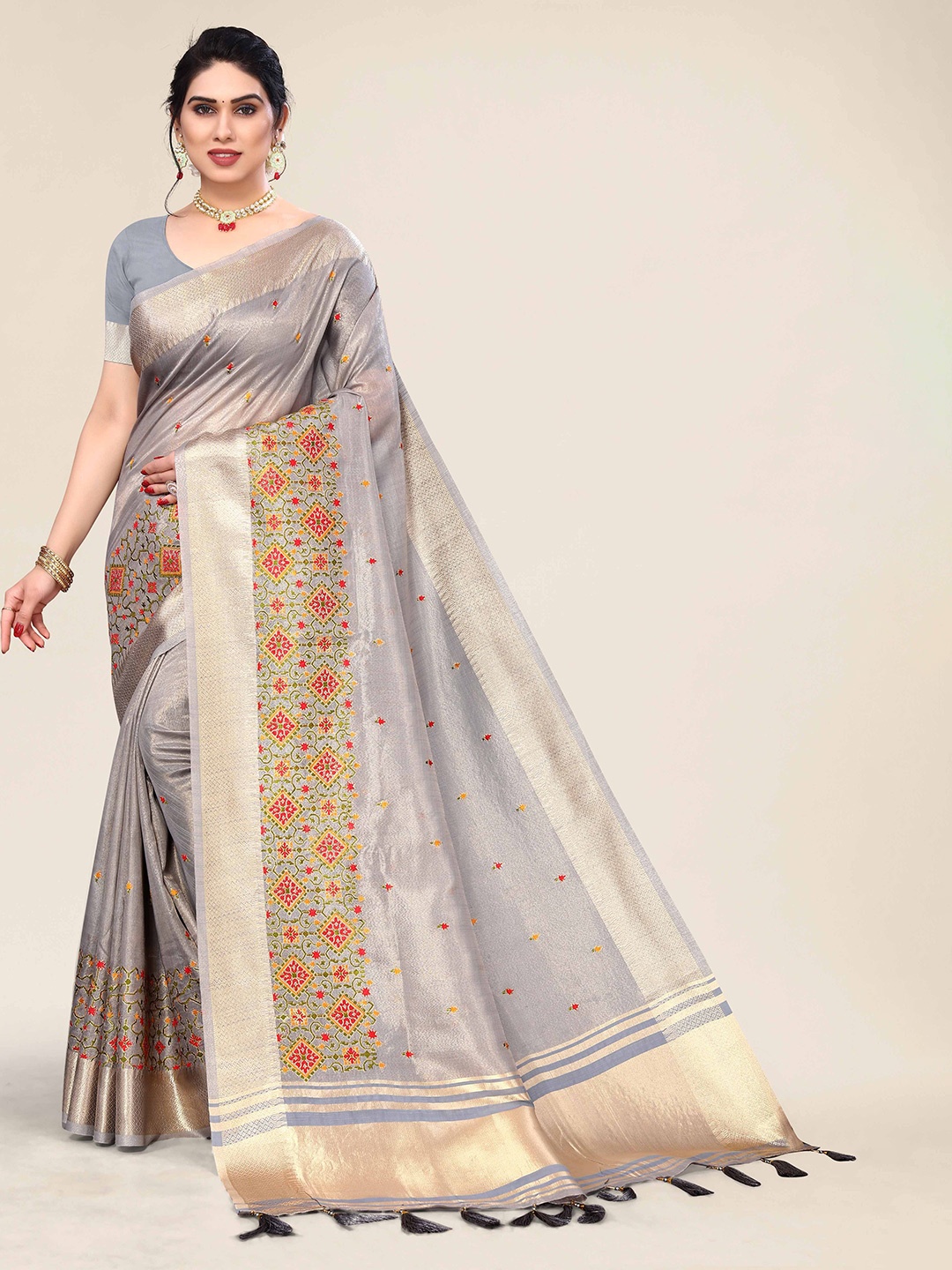 

KIMISHA Woven Design Embroidered Silk Cotton Handloom Saree, Grey