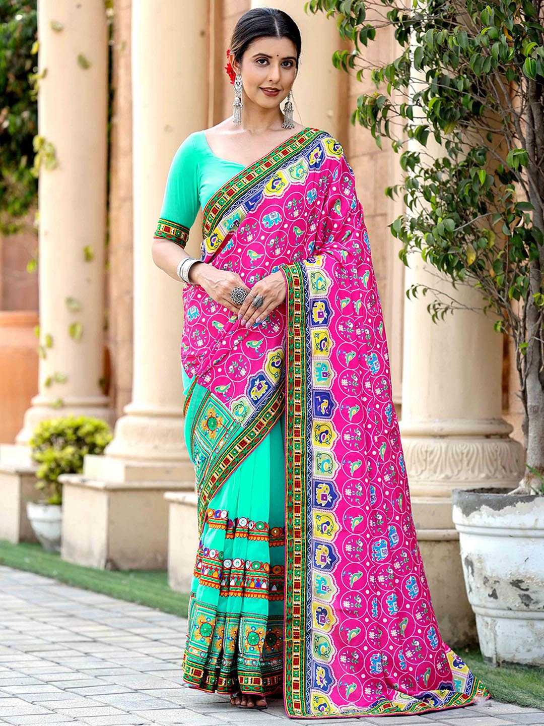 

KIMISHA Embellished Kutchi Embroidery Poly Georgette Designer Patola Saree, Pink