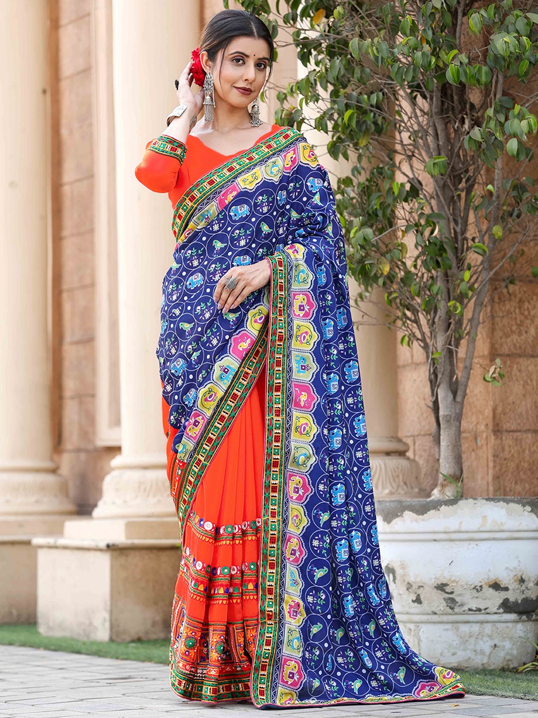

KIMISHA Embellished Kutchi Embroidery Poly Georgette Designer Patola Saree, Blue