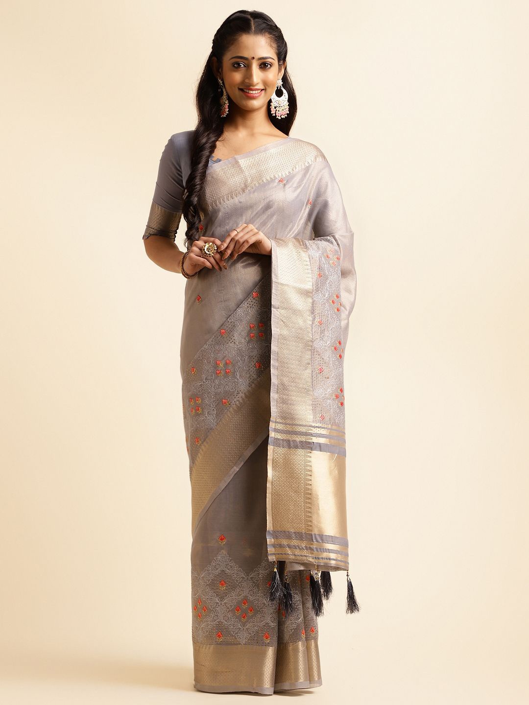 

KIMISHA Floral Embroidered Silk Cotton Saree, Grey