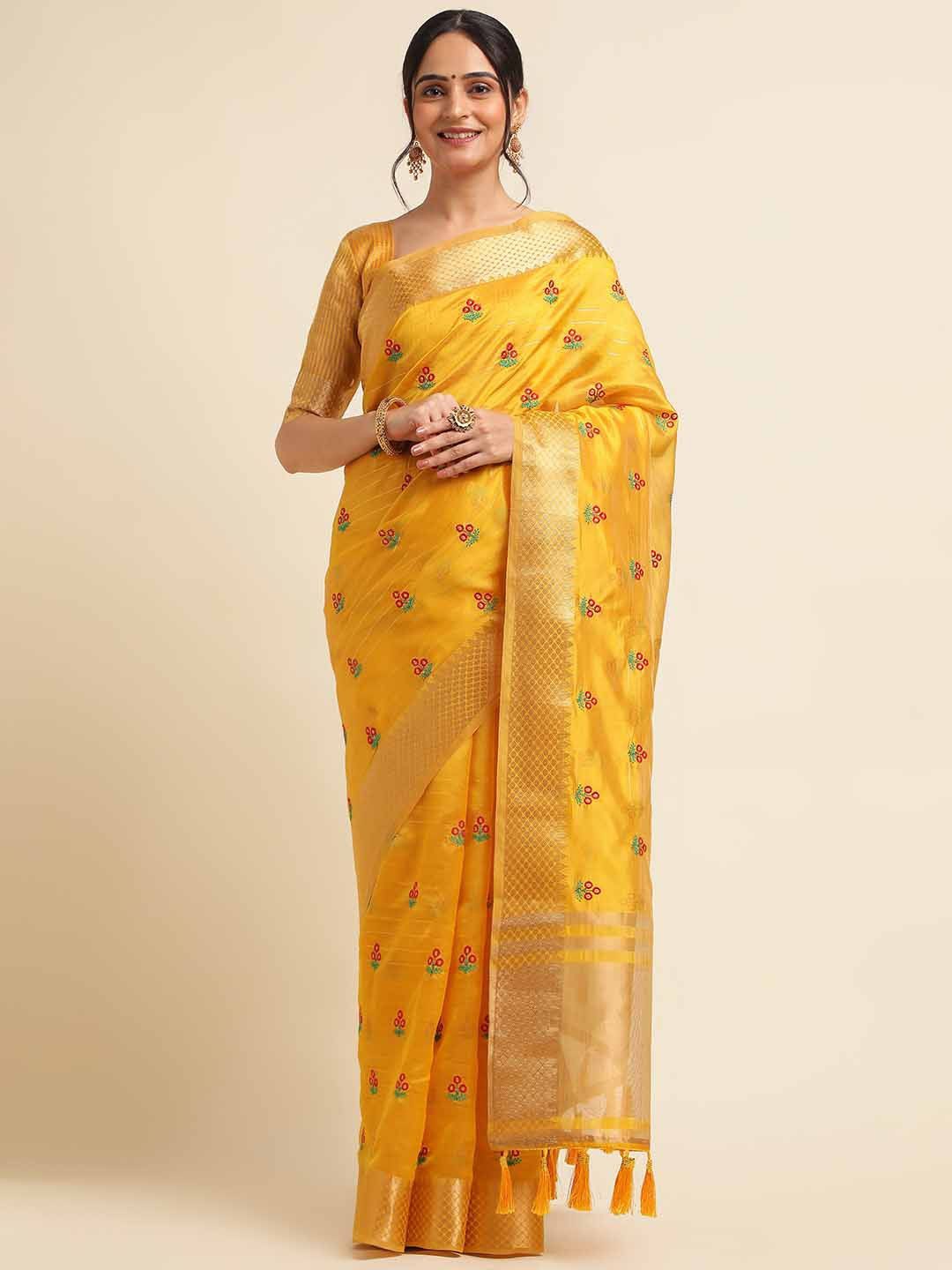 

KIMISHA Floral Embroidered Silk Cotton Saree, Yellow