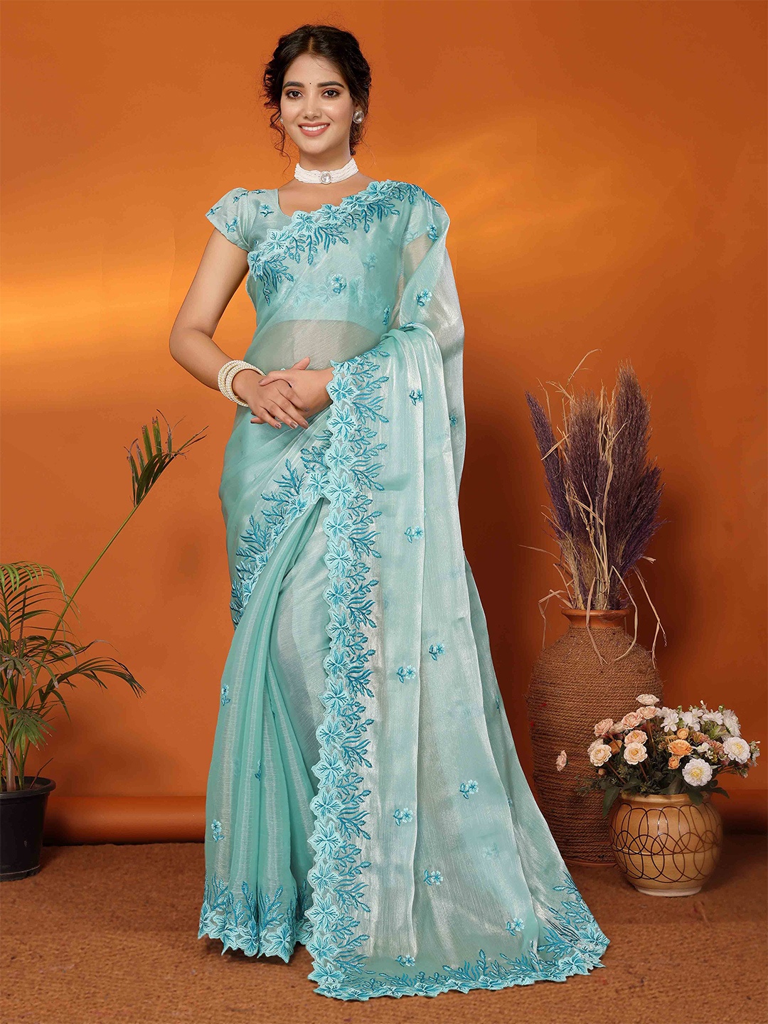 

KIMISHA Floral Embroidered Poly Chiffon Saree, Blue