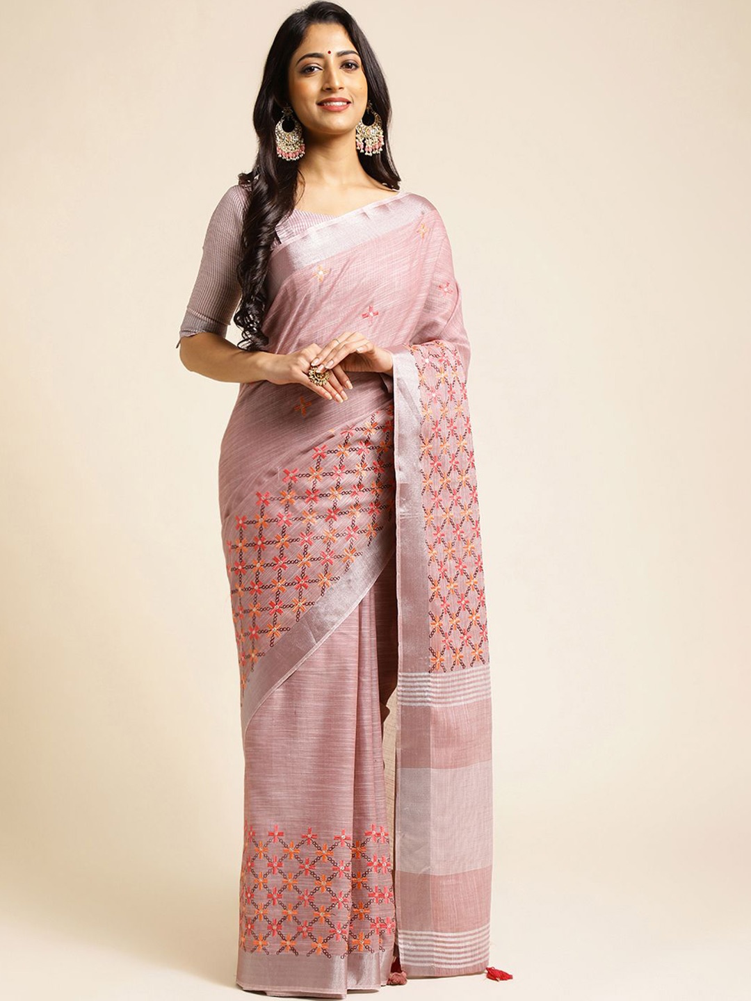 

KIMISHA Floral Embroidered Linen Blend Saree, Pink