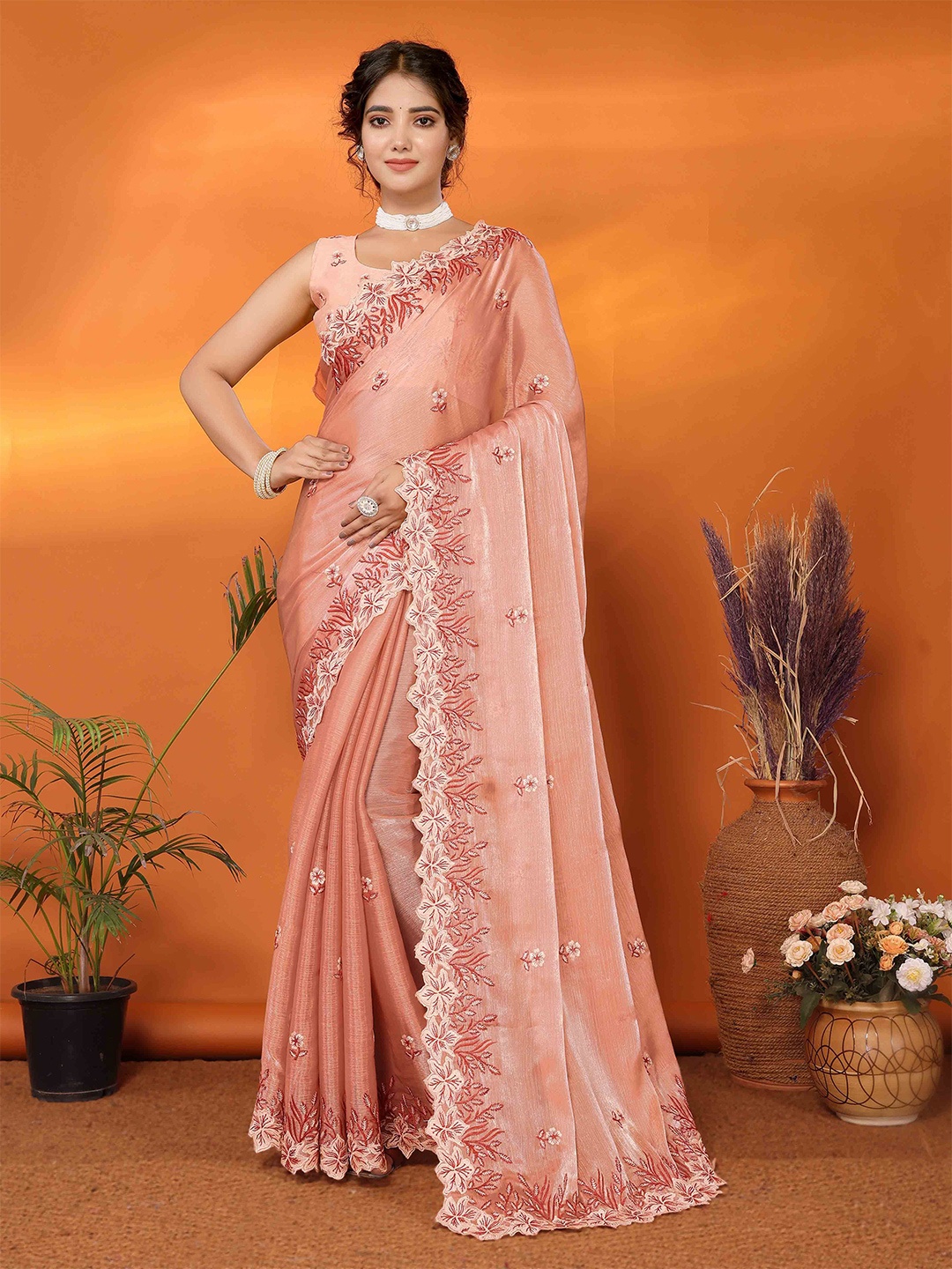 

KIMISHA Floral Embroidered Poly Chiffon Designer Saree, Orange