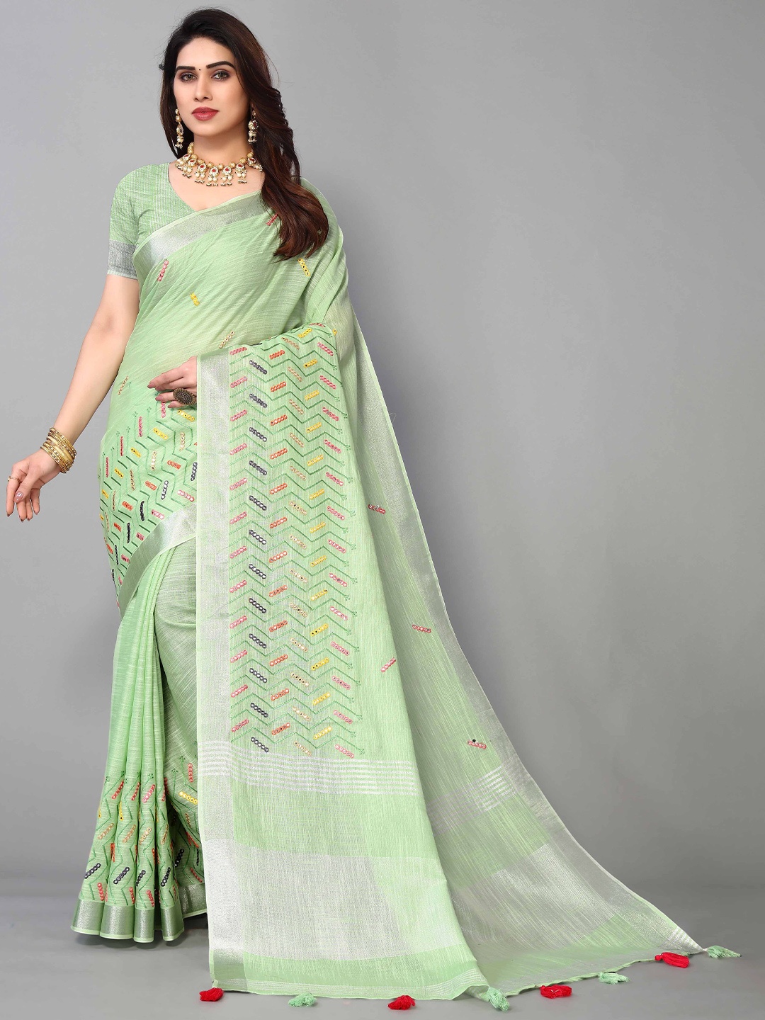 

KIMISHA Woven Design Mirror Work Linen Blend Handloom Saree, Green