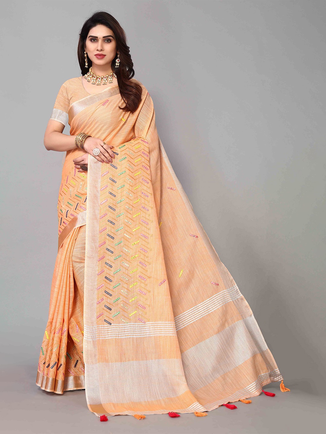 

KIMISHA Woven Design Mirror Work Linen Blend Handloom Saree, Orange