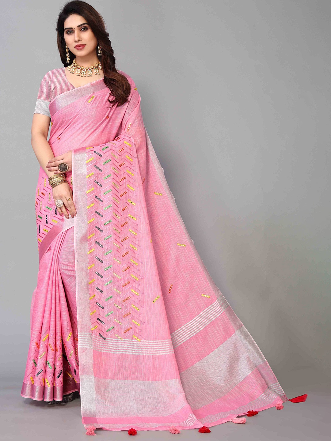 

KIMISHA Ethnic Motifs Mirror Work Linen Blend Saree, Pink