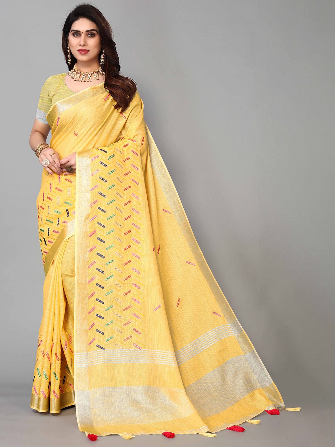 

KIMISHA Ethnic Motifs Mirror Work Linen Blend Saree, Yellow