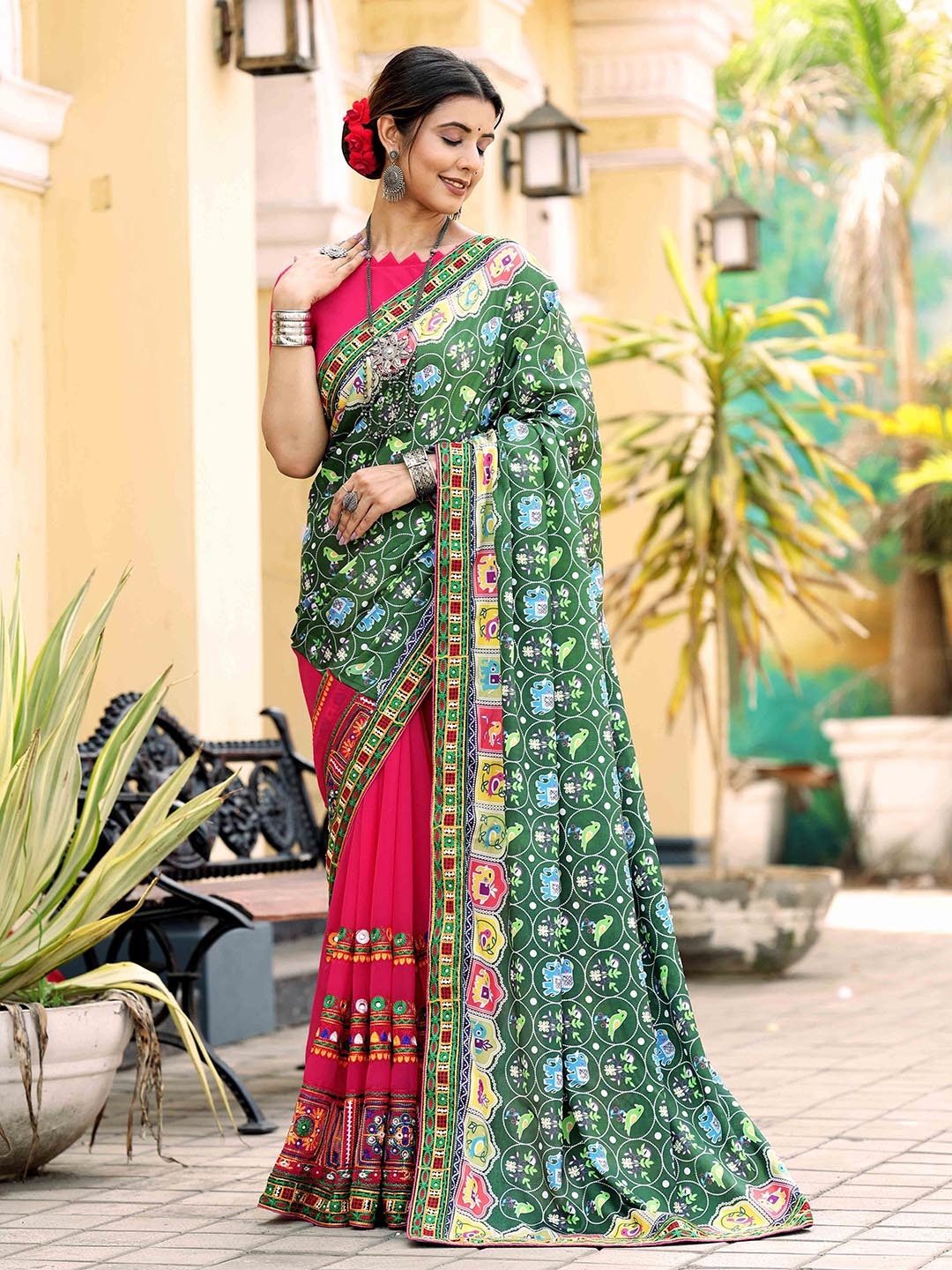 

KIMISHA Embellished Kutchi Embroidery Poly Georgette Designer Patola Saree, Green
