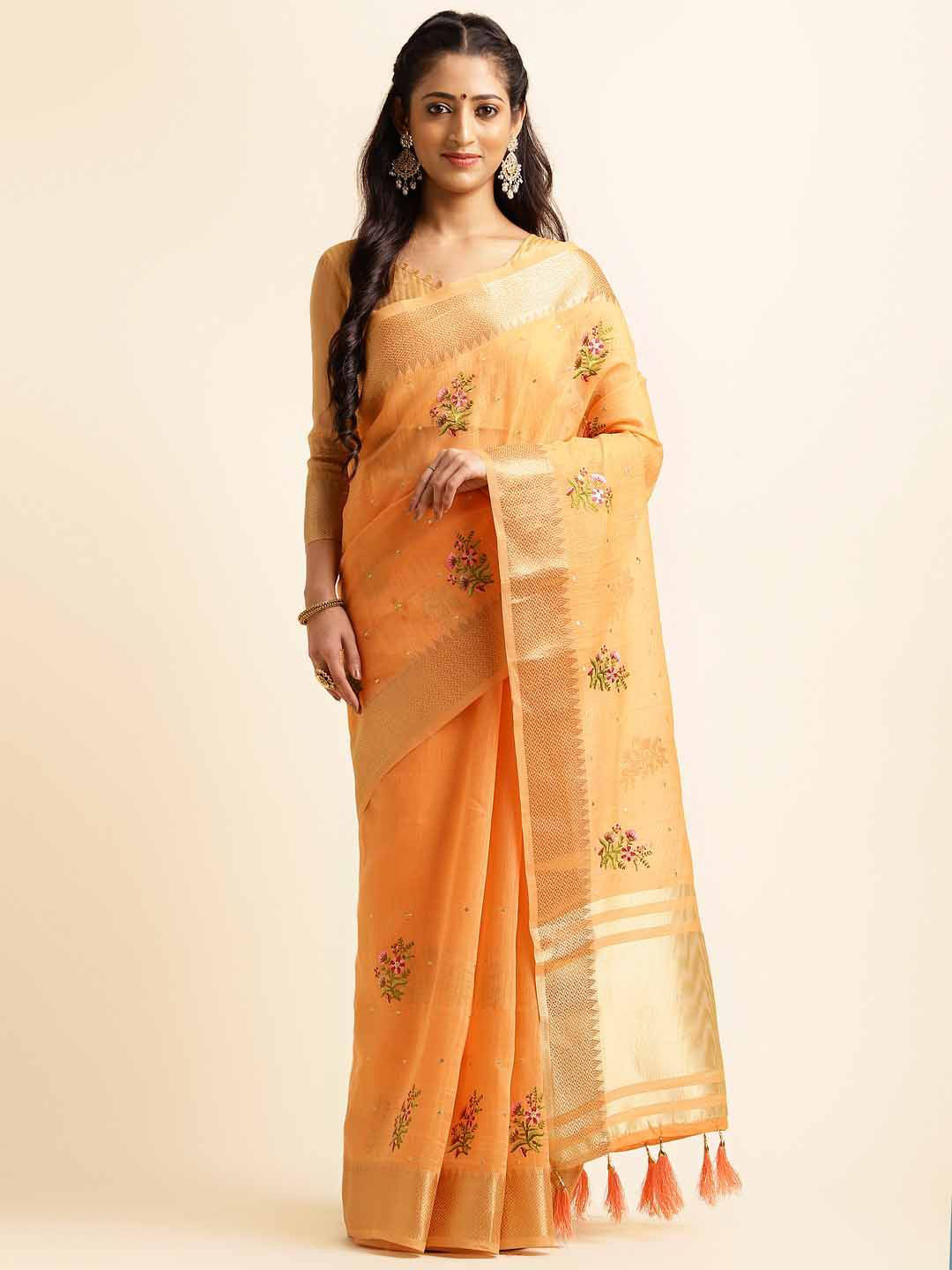 

KIMISHA Floral Embroidered Silk Cotton Handloom Saree, Orange