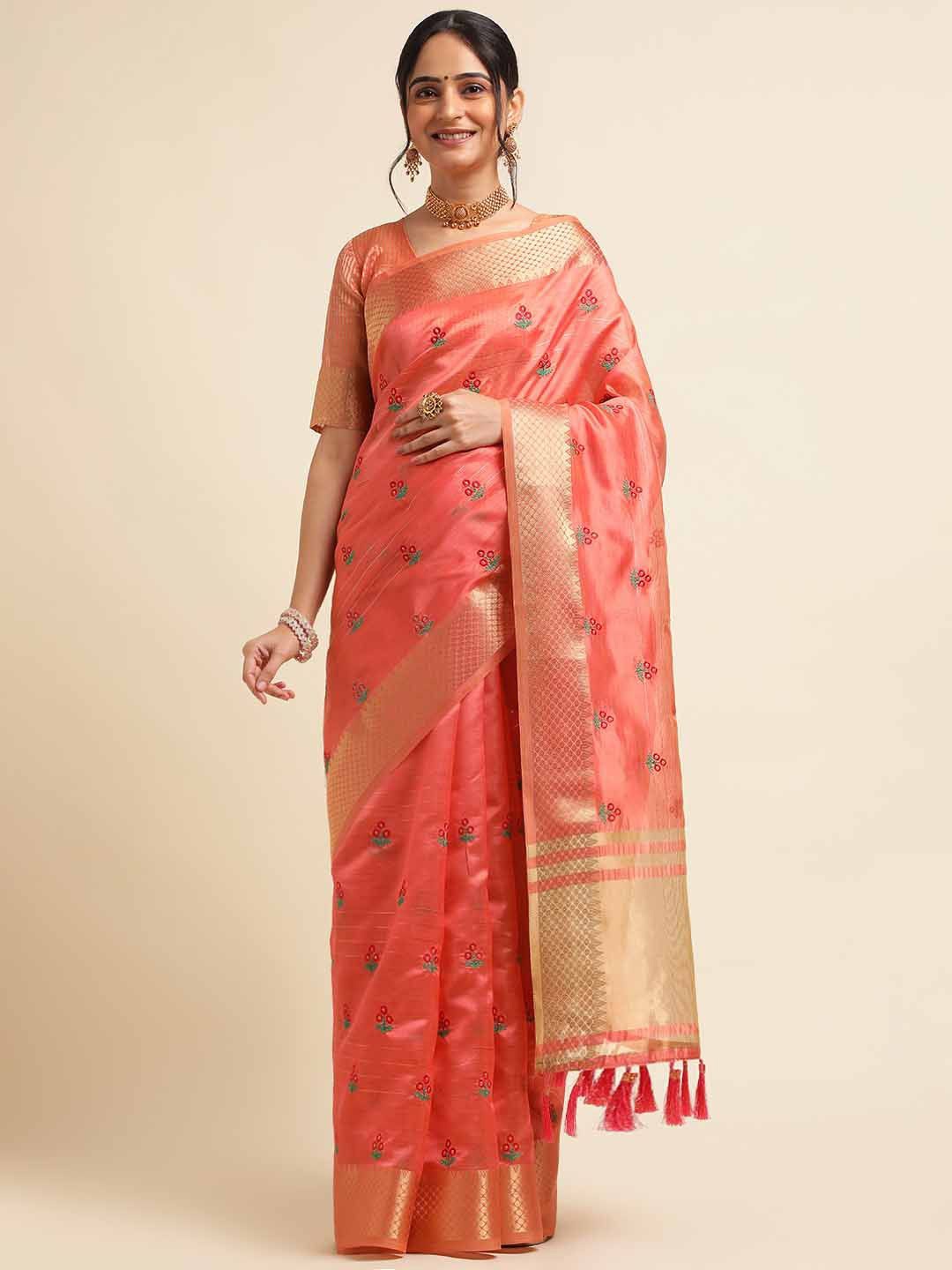 

KIMISHA Floral Embroidered Silk Cotton Handloom Saree, Red