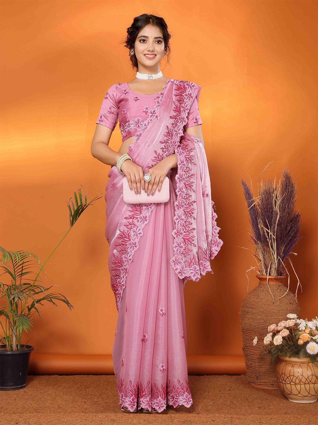 

KIMISHA Floral Embroidered Poly Chiffon Designer Saree, Pink