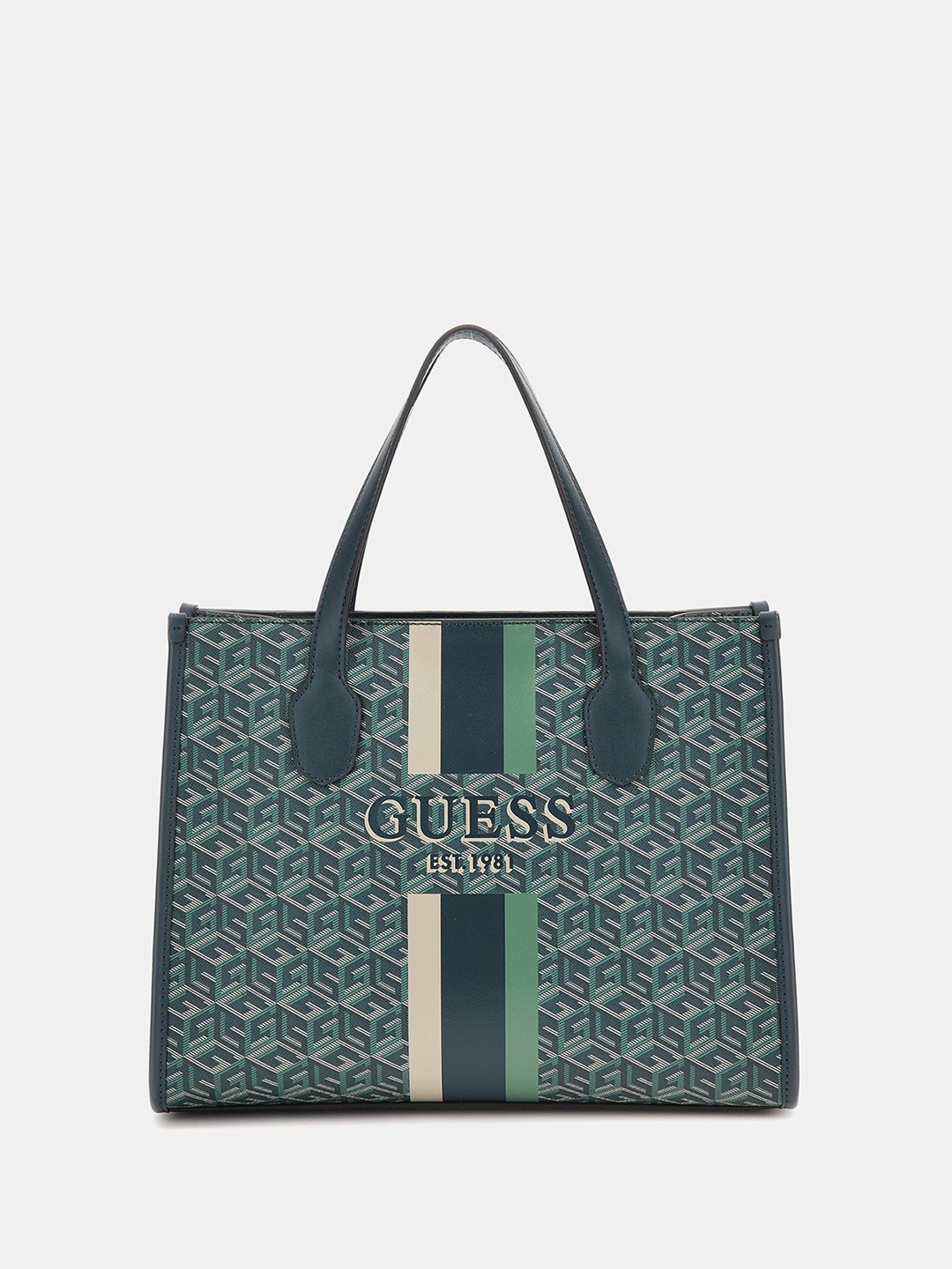 

GUESS Geometric Printed PU Bucket Tote Bag with Cut Work, Teal