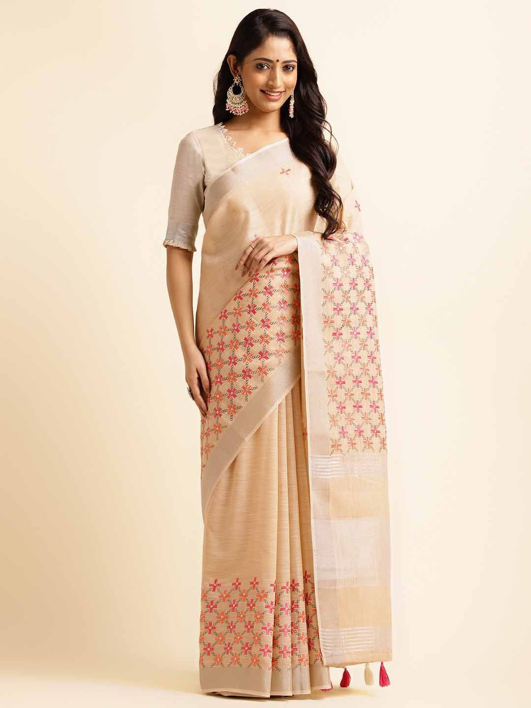 

KIMISHA Floral Embroidered Linen Blend Handloom Saree, Beige