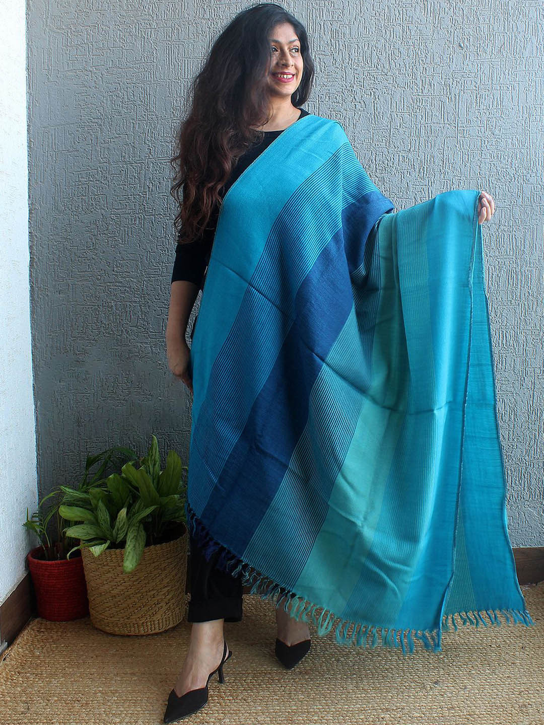 

Weaves of Tradition Women Striped Woven Design Shawl, Blue