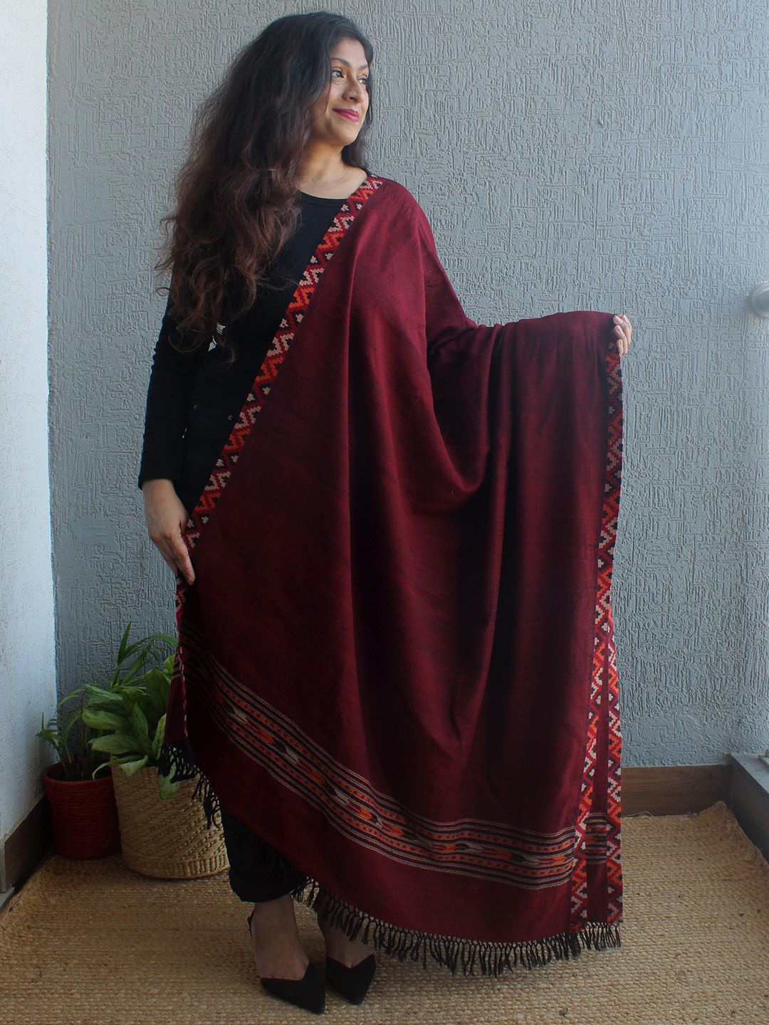 

Weaves of Tradition Women Geometric Woven Design Shawl, Maroon