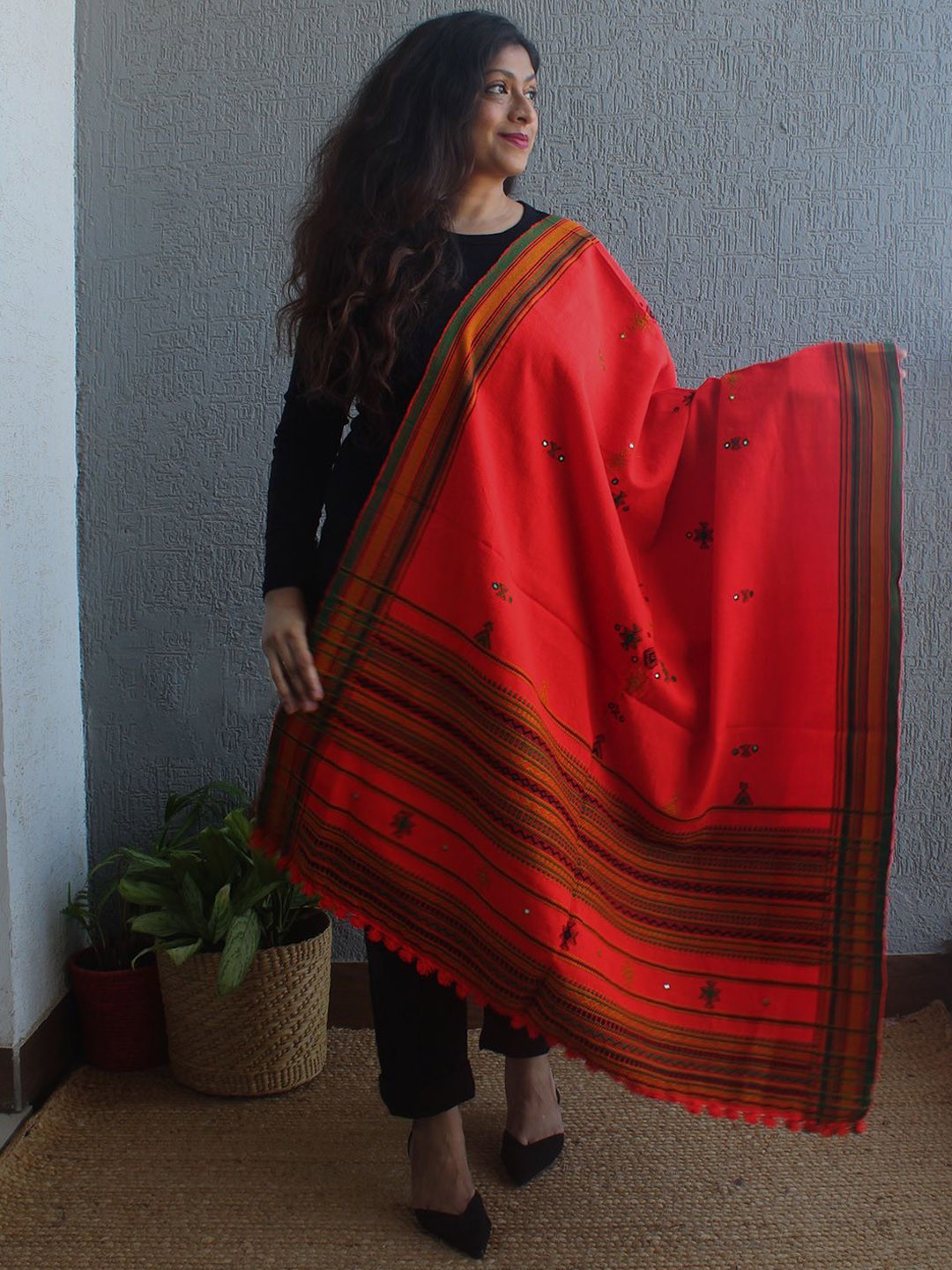 

Weaves of Tradition Women Ethnic Motifs Woven Design Shawl, Red