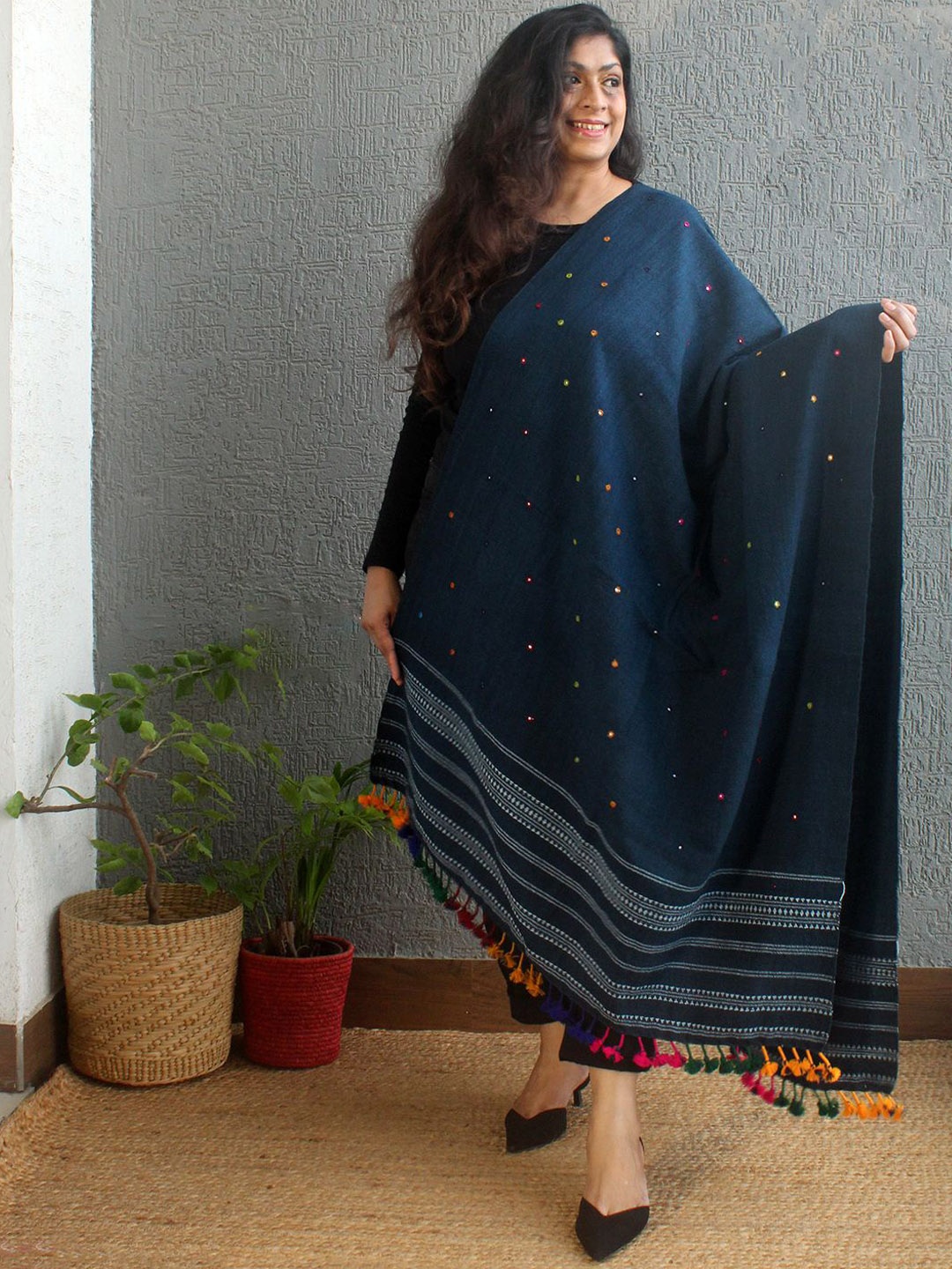

Weaves of Tradition Women Ethnic Motifs Woven Design Shawl, Blue