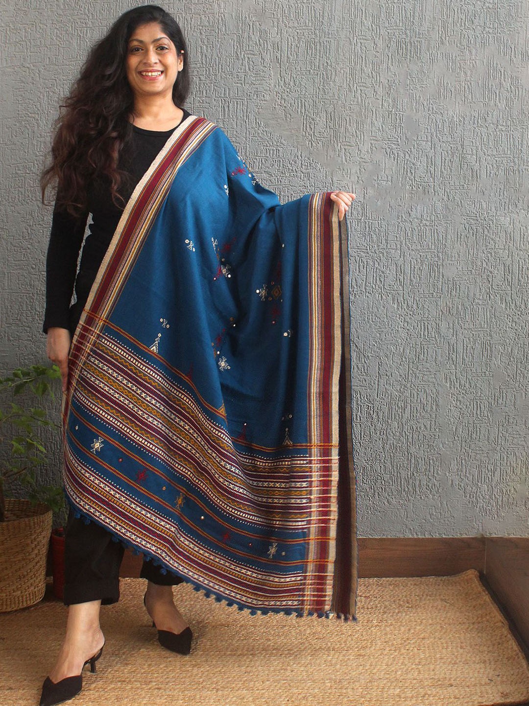

Weaves of Tradition Women Ethnic Motifs Woven Design Shawl, Blue