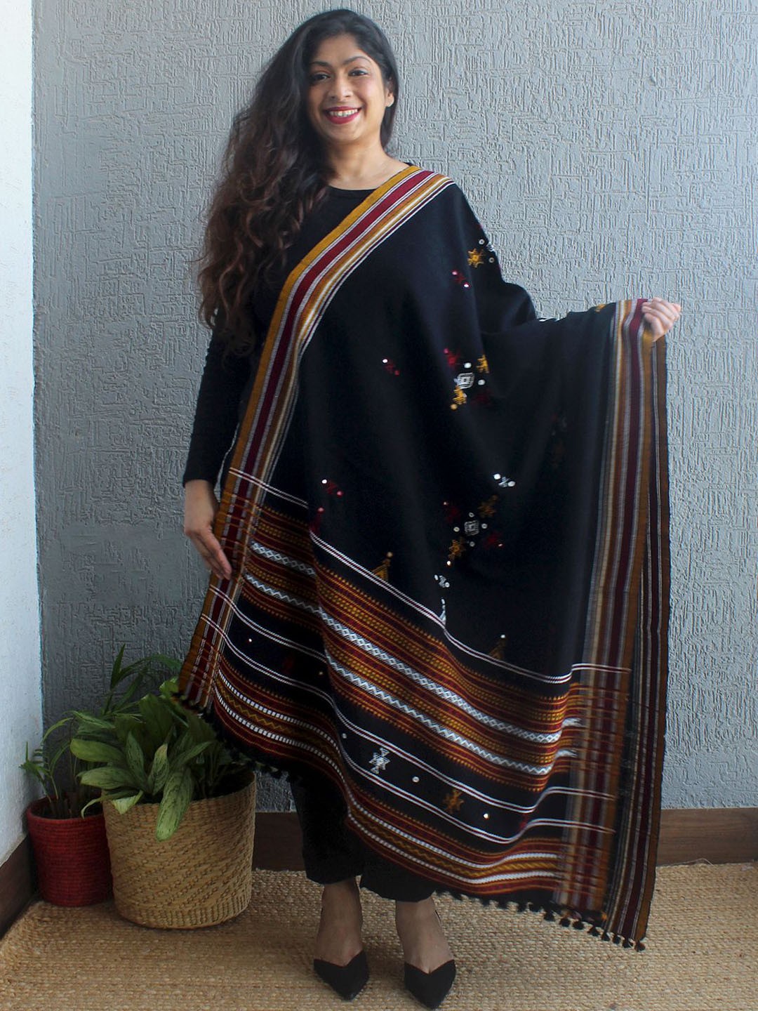 

Weaves of Tradition Women Ethnic Motifs Woven Design Shawl, Black