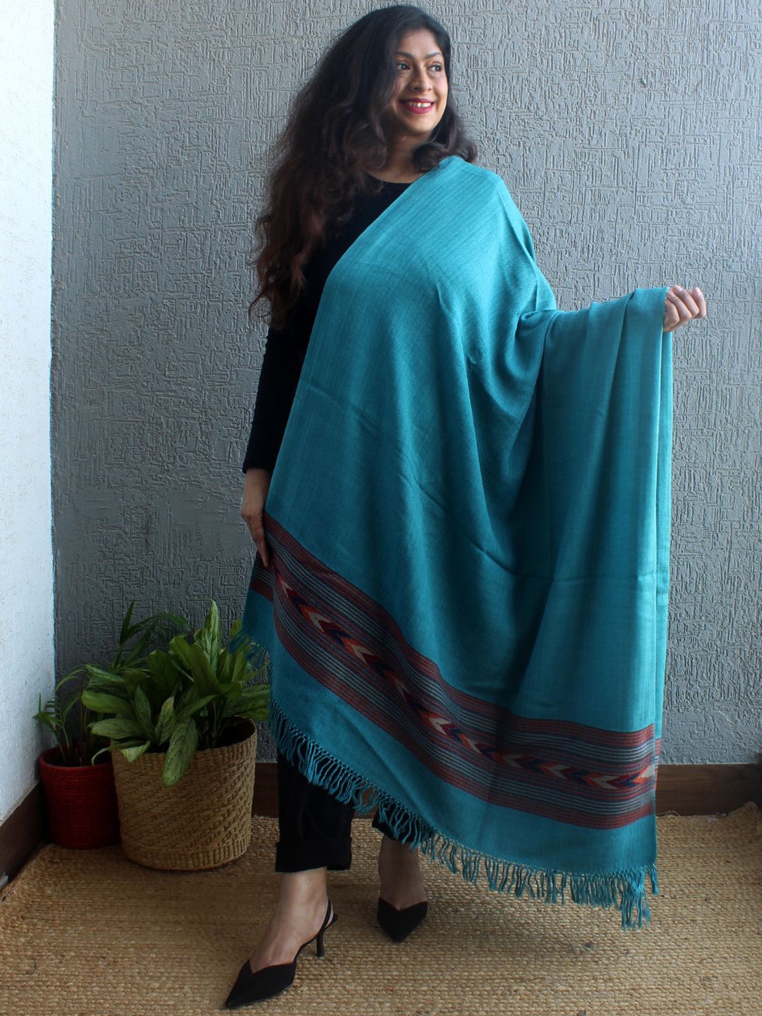 

Weaves of Tradition Women Geometric Woven Design Shawl, Blue