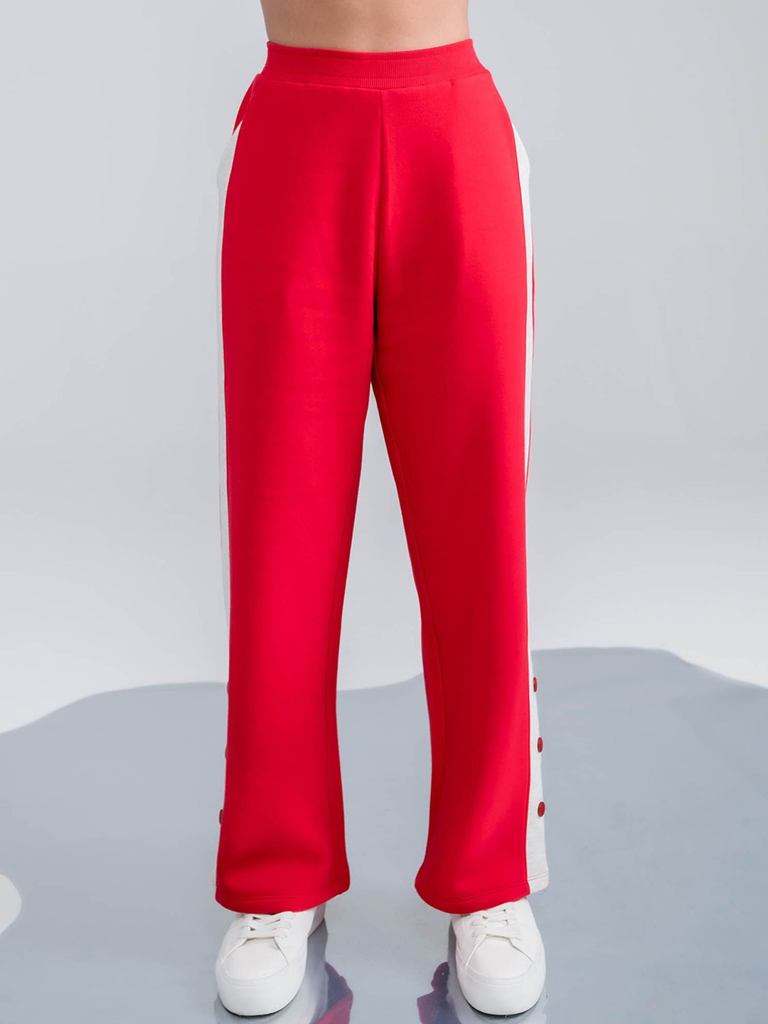 

EDRIO Women Wide Leg With Contrast Panels & Button Finish Track Pants, Red