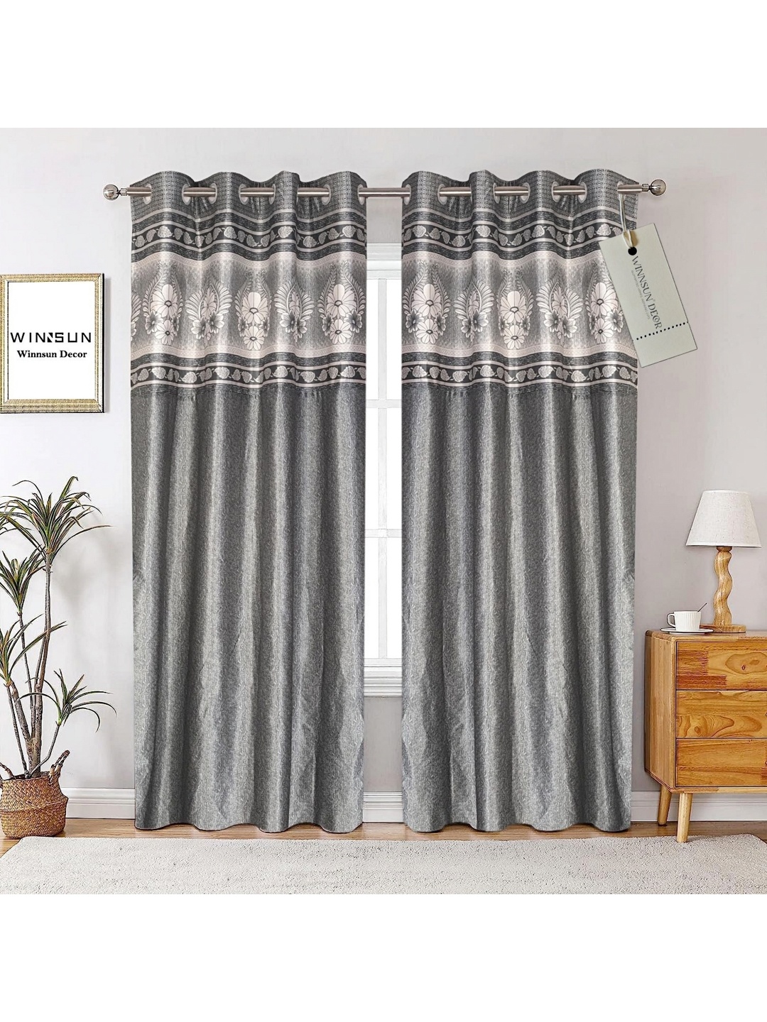 

Winnsun Grey & White Set of 2 Floral Room Darkening Door Curtain