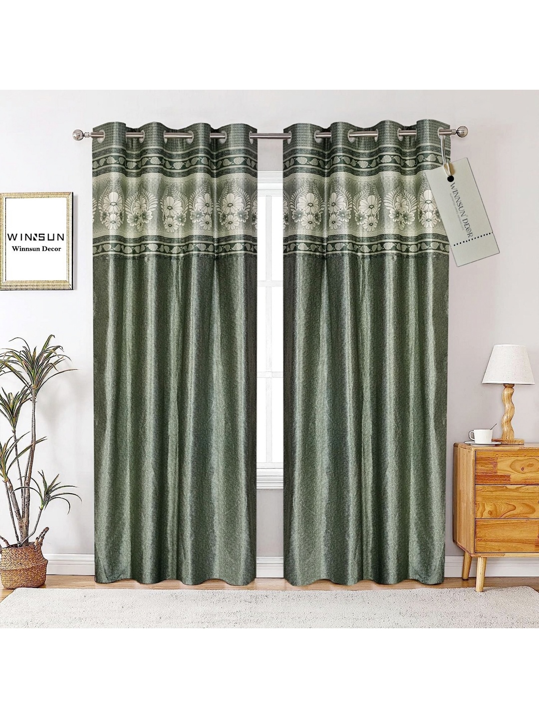 

Winnsun Green Set of 2 Floral Room Darkening Door Curtain