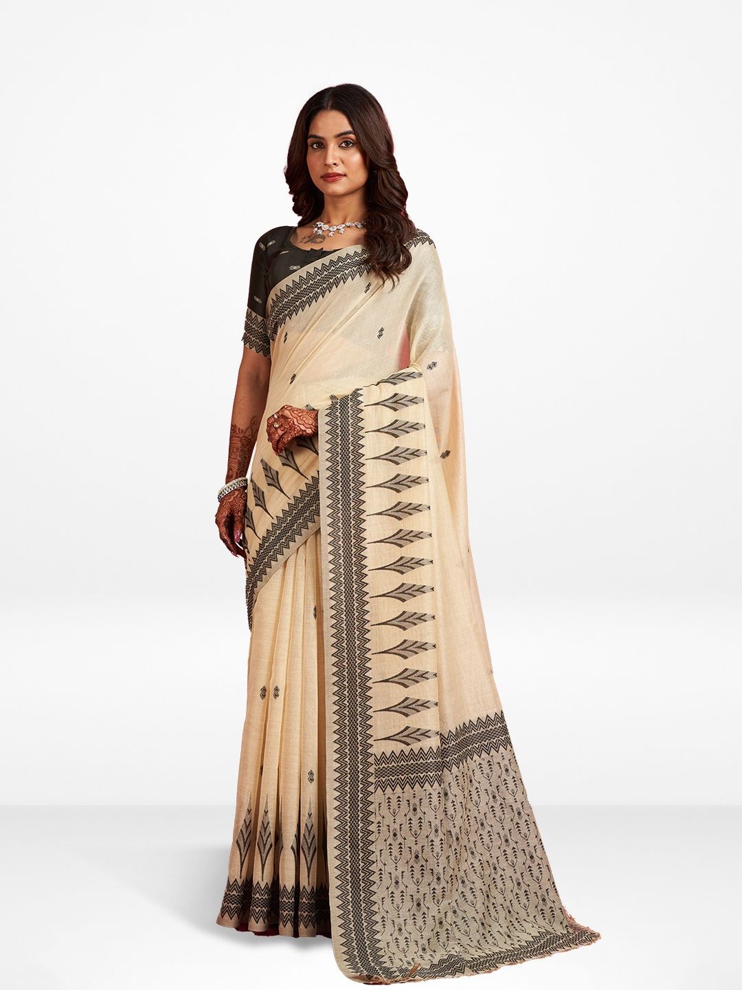 

SARHA Geometric Printed Pure Cotton Saree, Cream