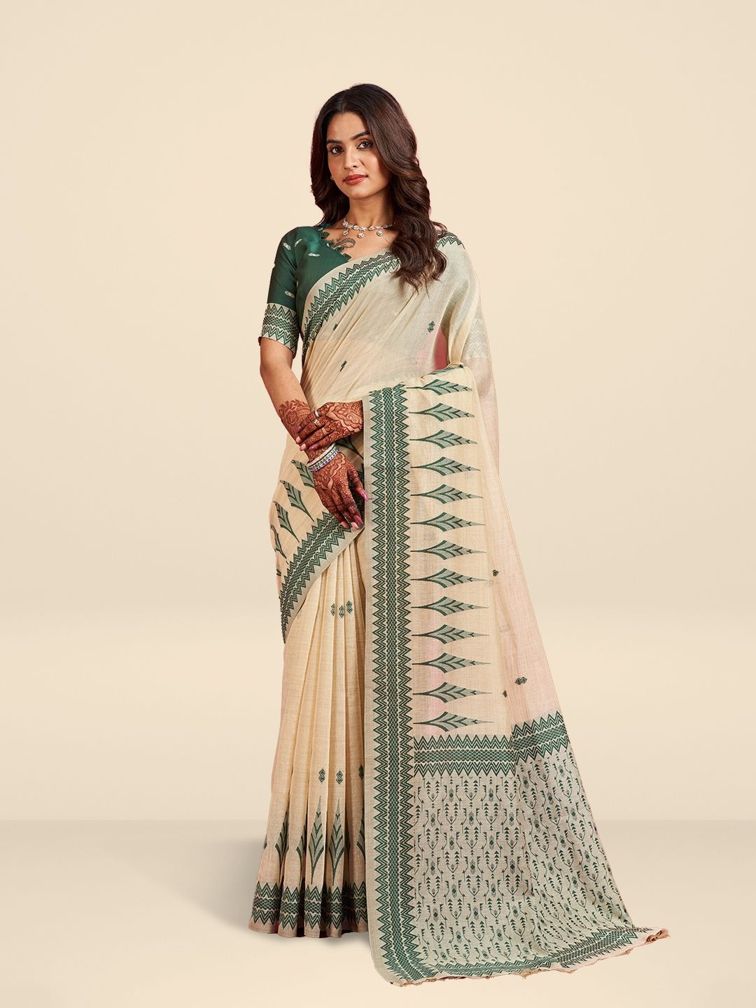 

SARHA Geometric Printed Pure Cotton Saree, Cream