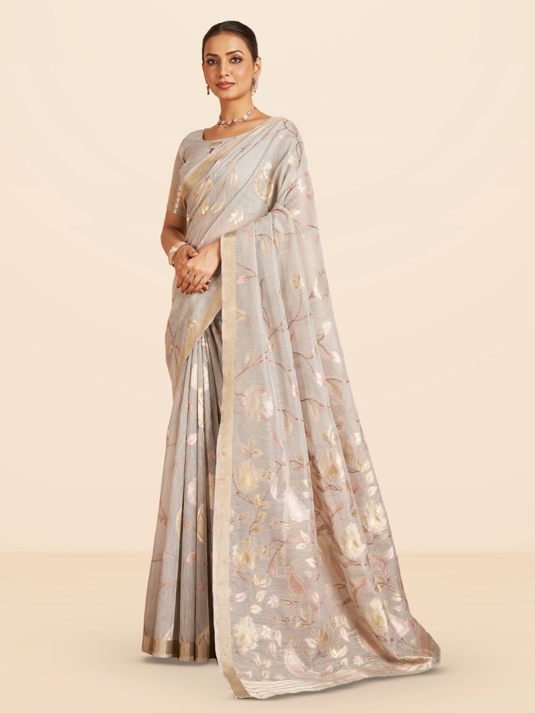

SARHA Woven Design Zari Pure Cotton Saree, Grey