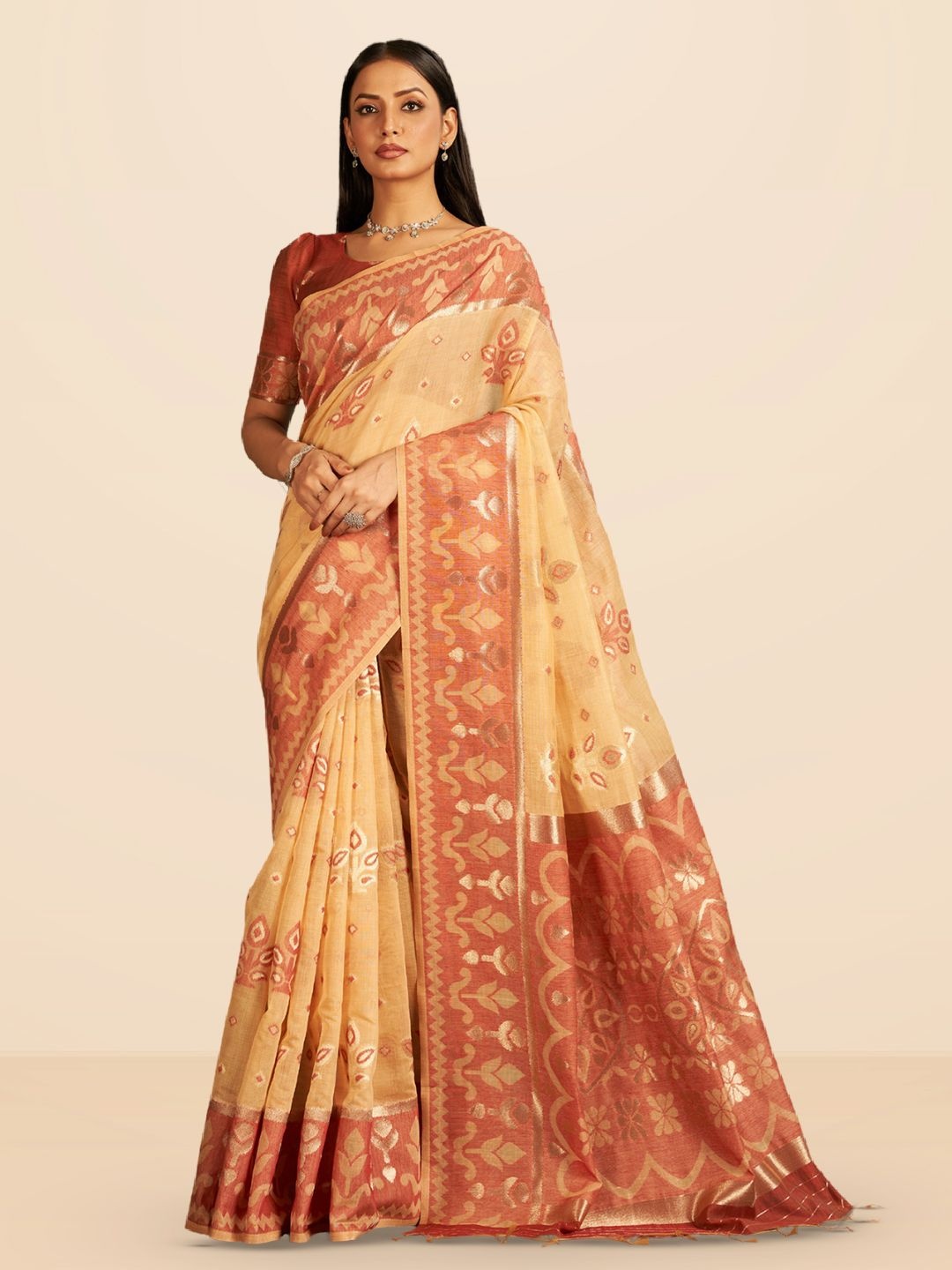 

SARHA Ethnic Motifs Woven Design Pure Cotton Saree, Orange