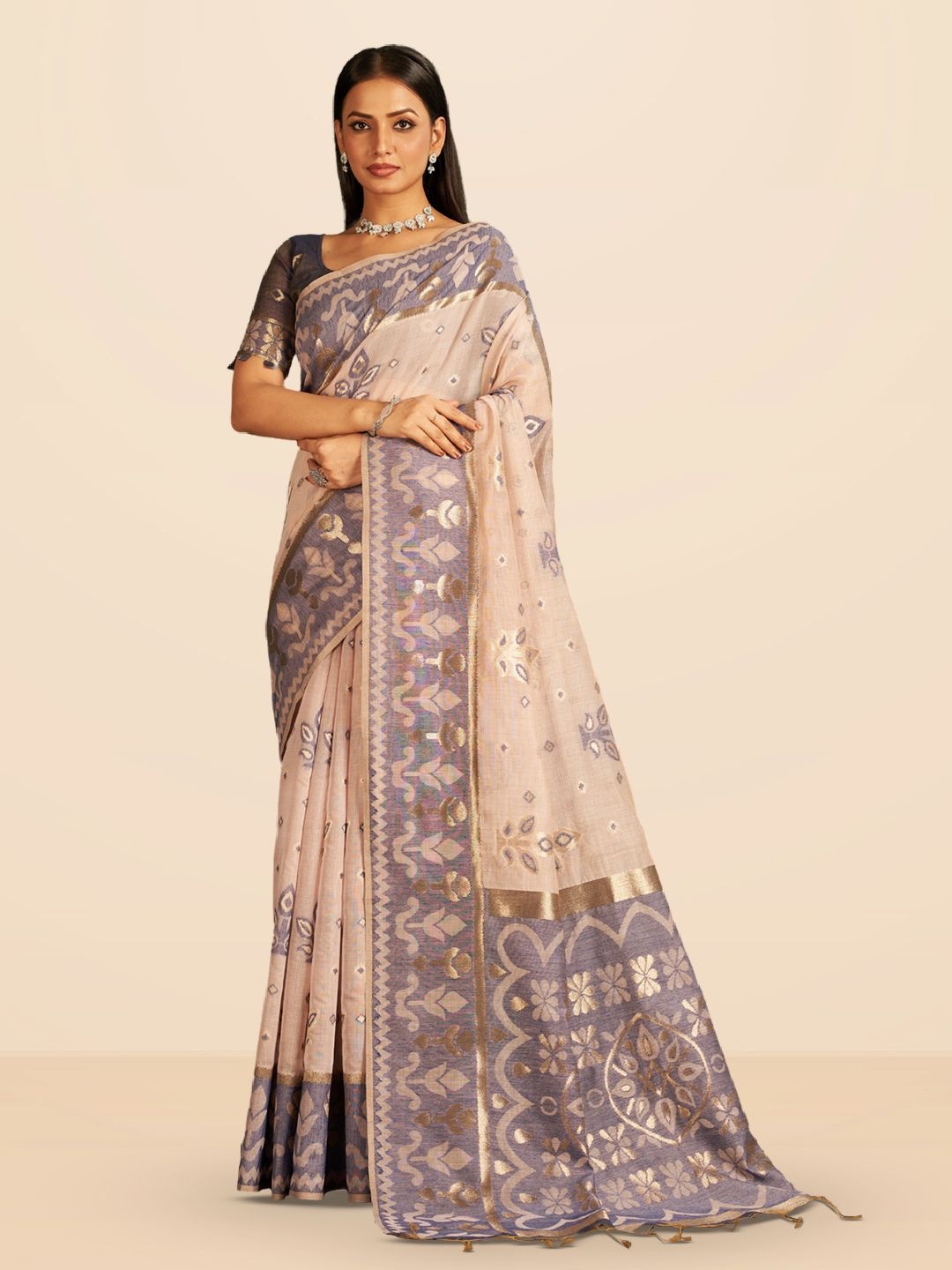 

SARHA Geometric Printed Zari Pure Cotton Saree, Cream