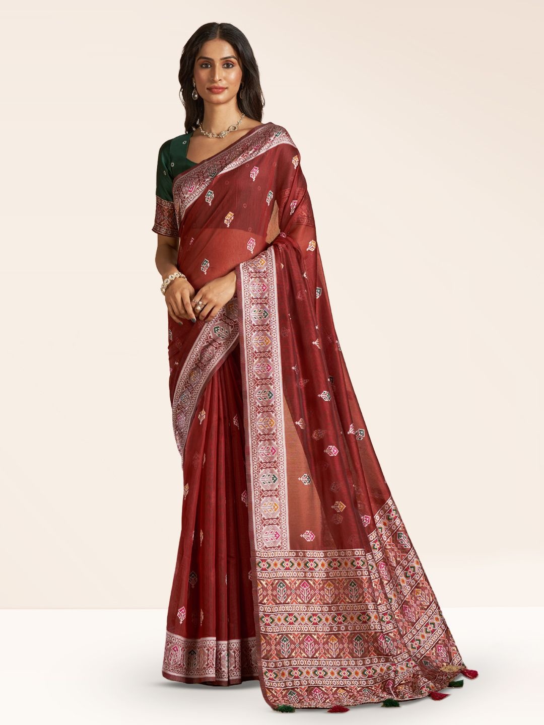 

SARHA Floral Printed Zari Pure Cotton Saree, Red