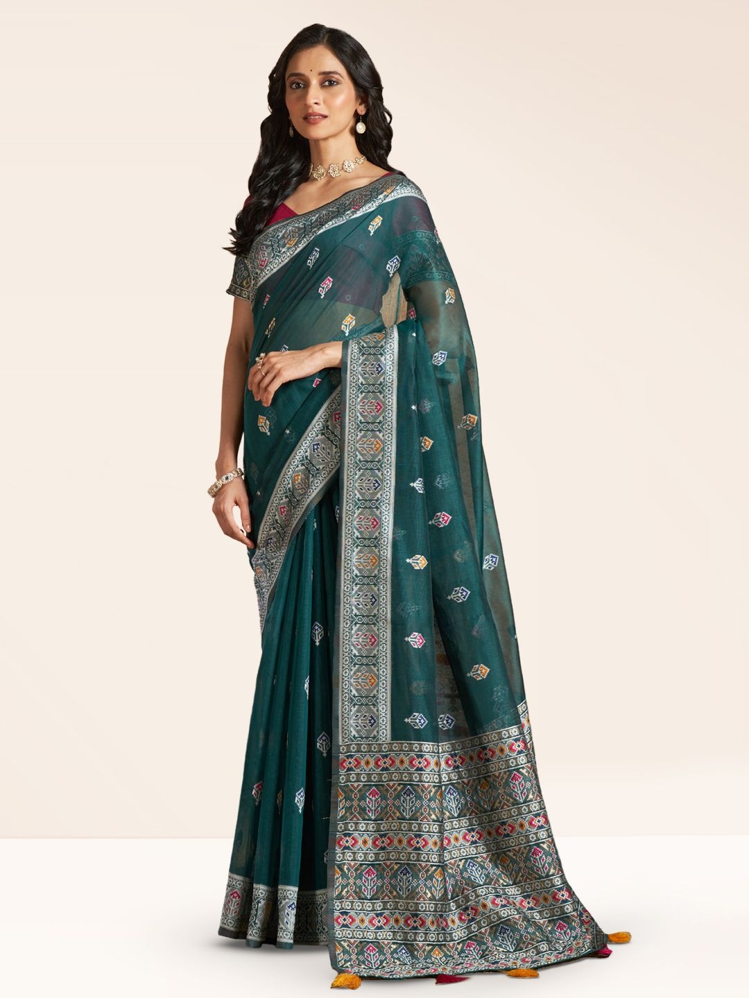

SARHA Floral Woven Design Zari Pure Cotton Saree, Sea green