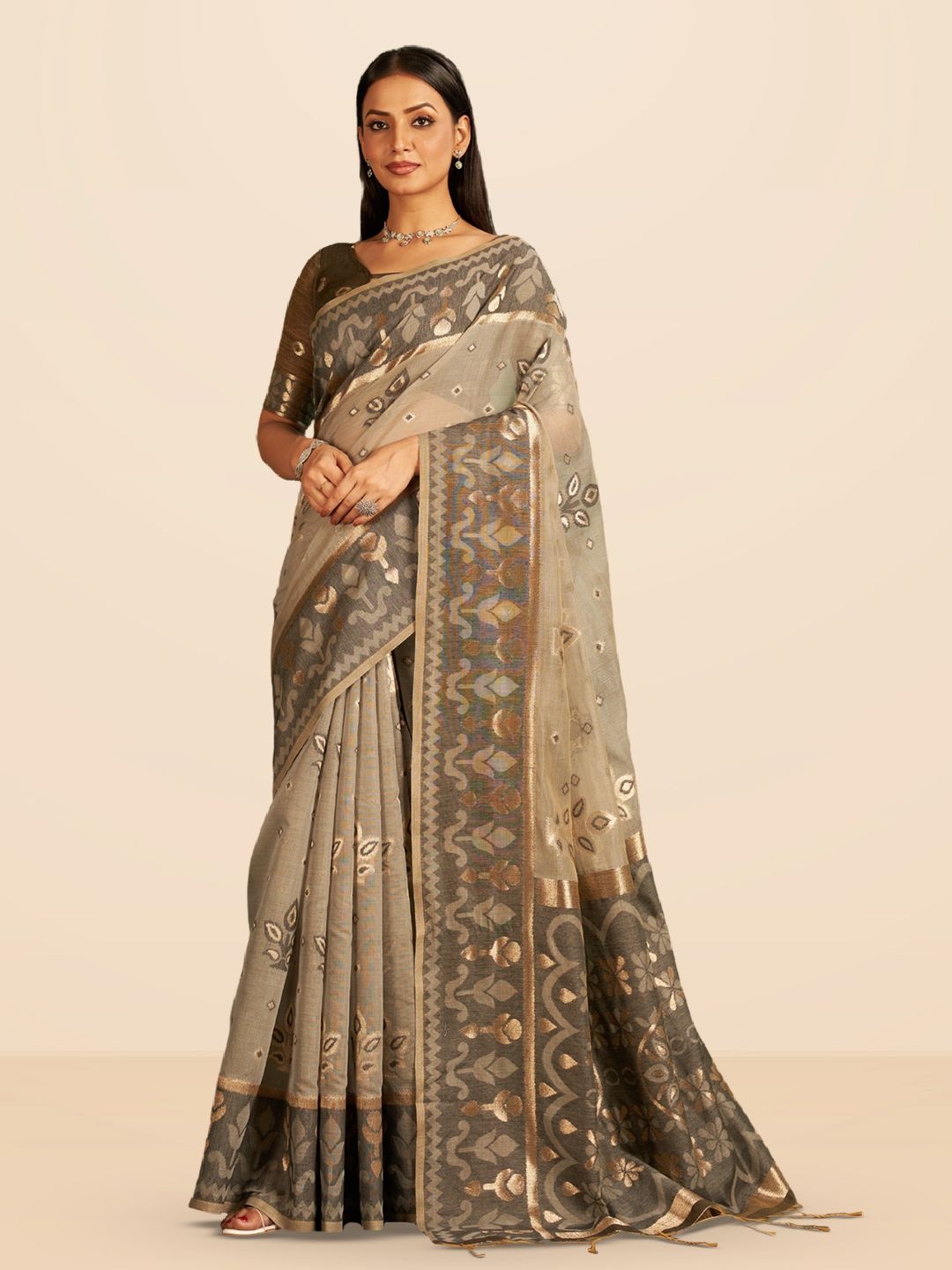 

SARHA Ethnic Motifs Woven Design Pure Cotton Saree, Grey