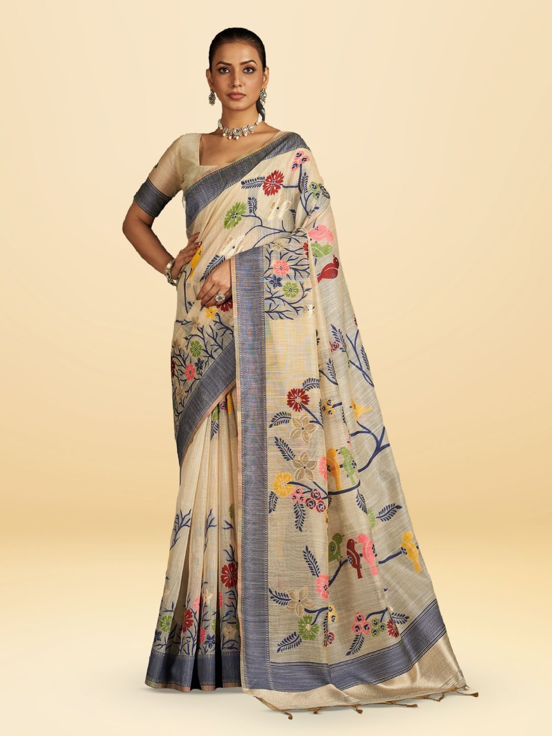

SARHA Floral Woven Design Pure Cotton Saree, Navy blue
