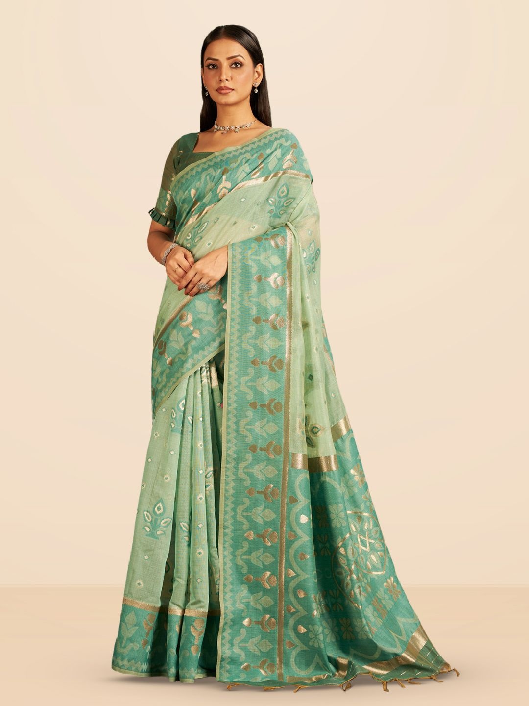 

SARHA Woven Design Zari Pure Cotton Saree, Green